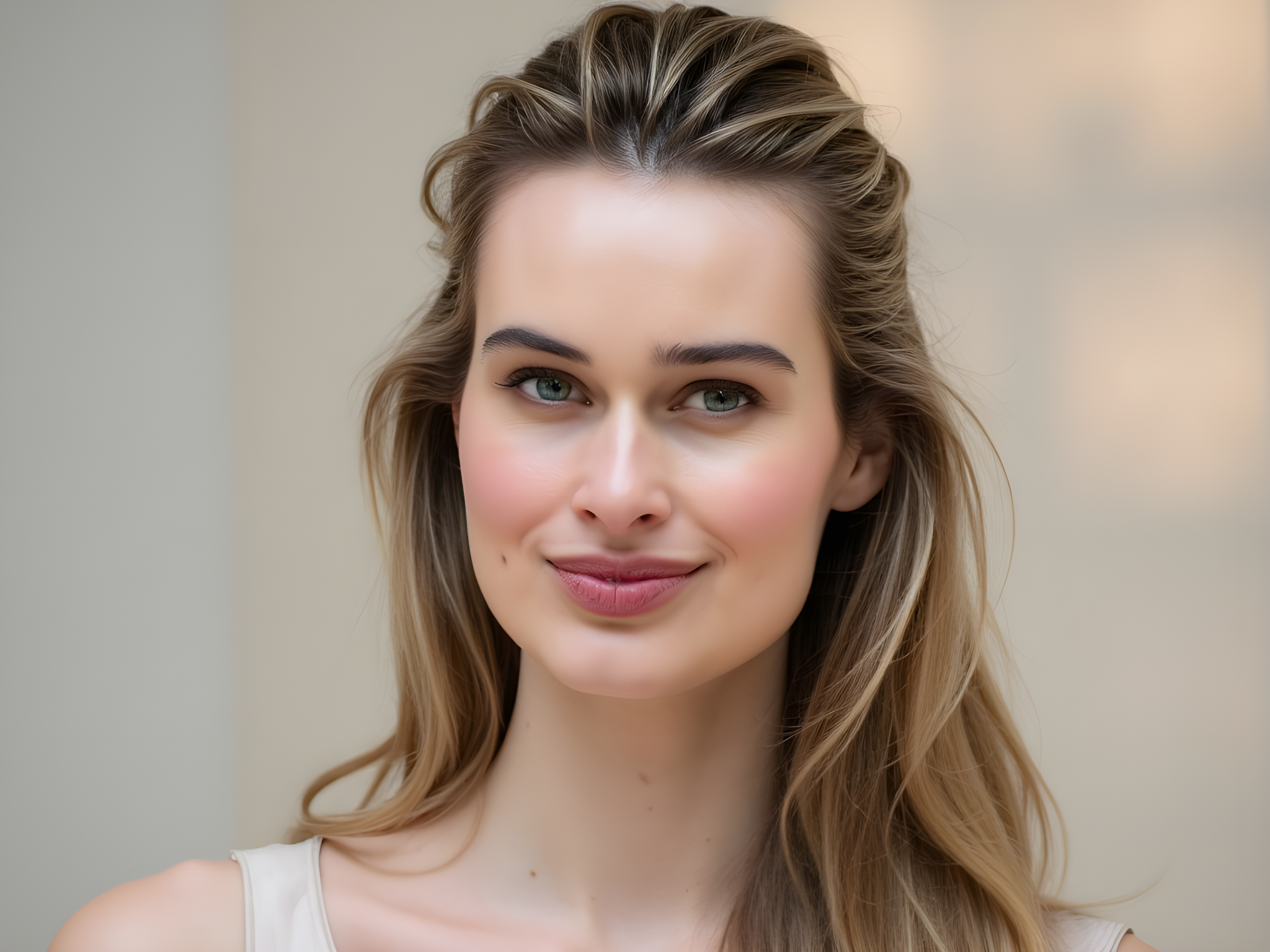 A stunning headshot of a 28-year-old woman, exuding confidence and grace. Her long, wavy hair, kissed by sunlight, cascades over one shoulder, enhancing her soft features. She wears a delicate, ivory silk blouse that subtly reflects light, bringing out her radiant complexion. The background is a muted pastel gradient that draws focus to her striking blue eyes, framed by natural, expressive brows. Soft, diffused lighting creates an ethereal quality, accentuating her cheekbones and creating a halo effect around her head. The overall mood is refined and approachable, capturing the essence of modern femininity in a timeless manner.