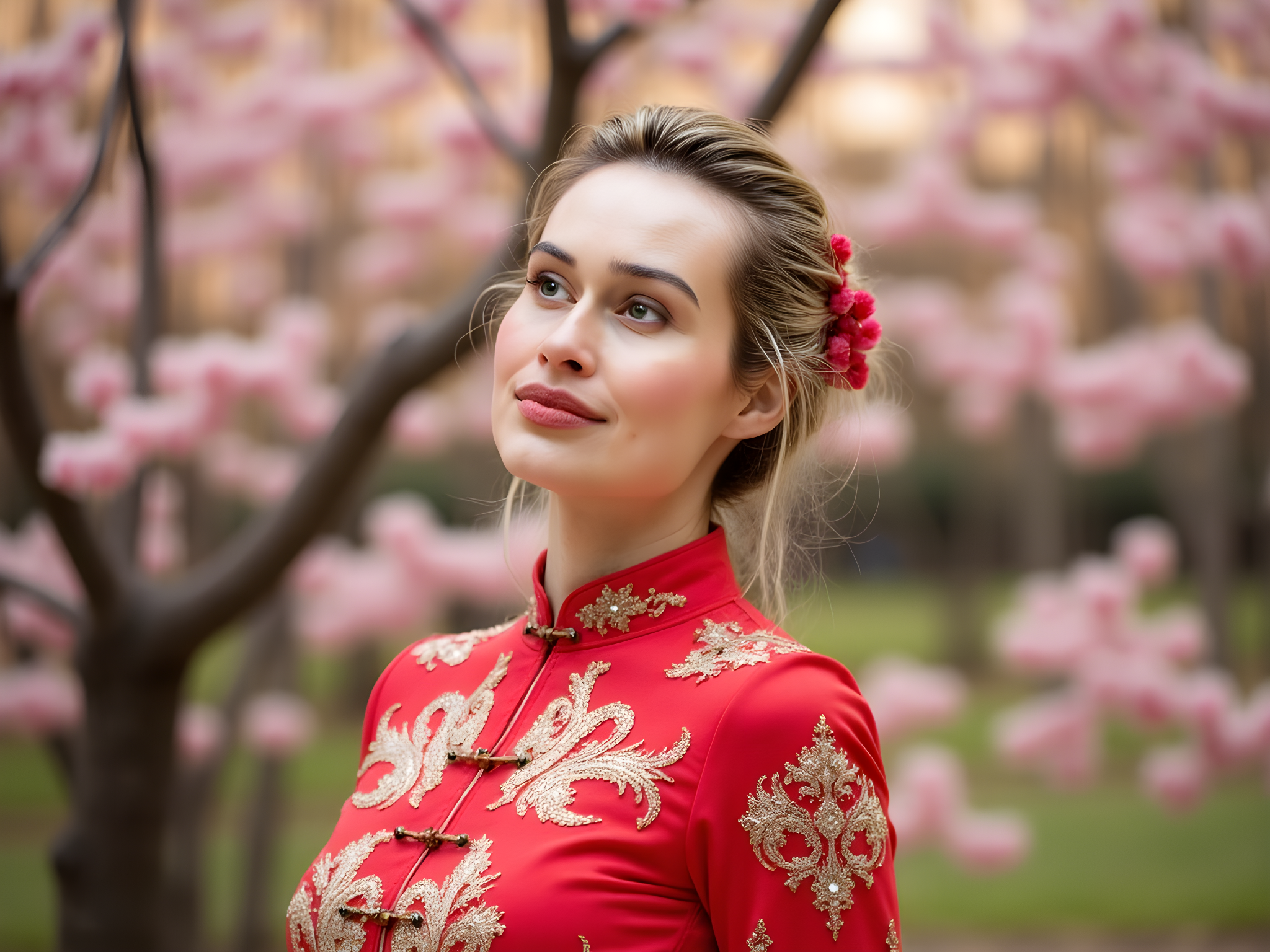 A captivating 28-year-old woman embodies the festive spirit of Chinese New Year in a vibrant editorial shoot. She is adorned in a luxurious, crimson qipao made of silk charmeuse, intricately embroidered with gold phoenix motifs that resonate with themes of rebirth and prosperity. The dress features a high collar and is embellished with delicate frog closures. Her hair is styled in traditional twists adorned with flowering hairpins, complementing her radiant porcelain skin. Captured in a lush outdoor garden filled with cherry blossoms, the soft petals float around her, evoking a sense of renewal and celebration. The lighting is soft and warm, casting a golden hue that enhances the richness of her attire. The image captures a blend of cultural significance and modern elegance, radiating joy and hope for the upcoming year.