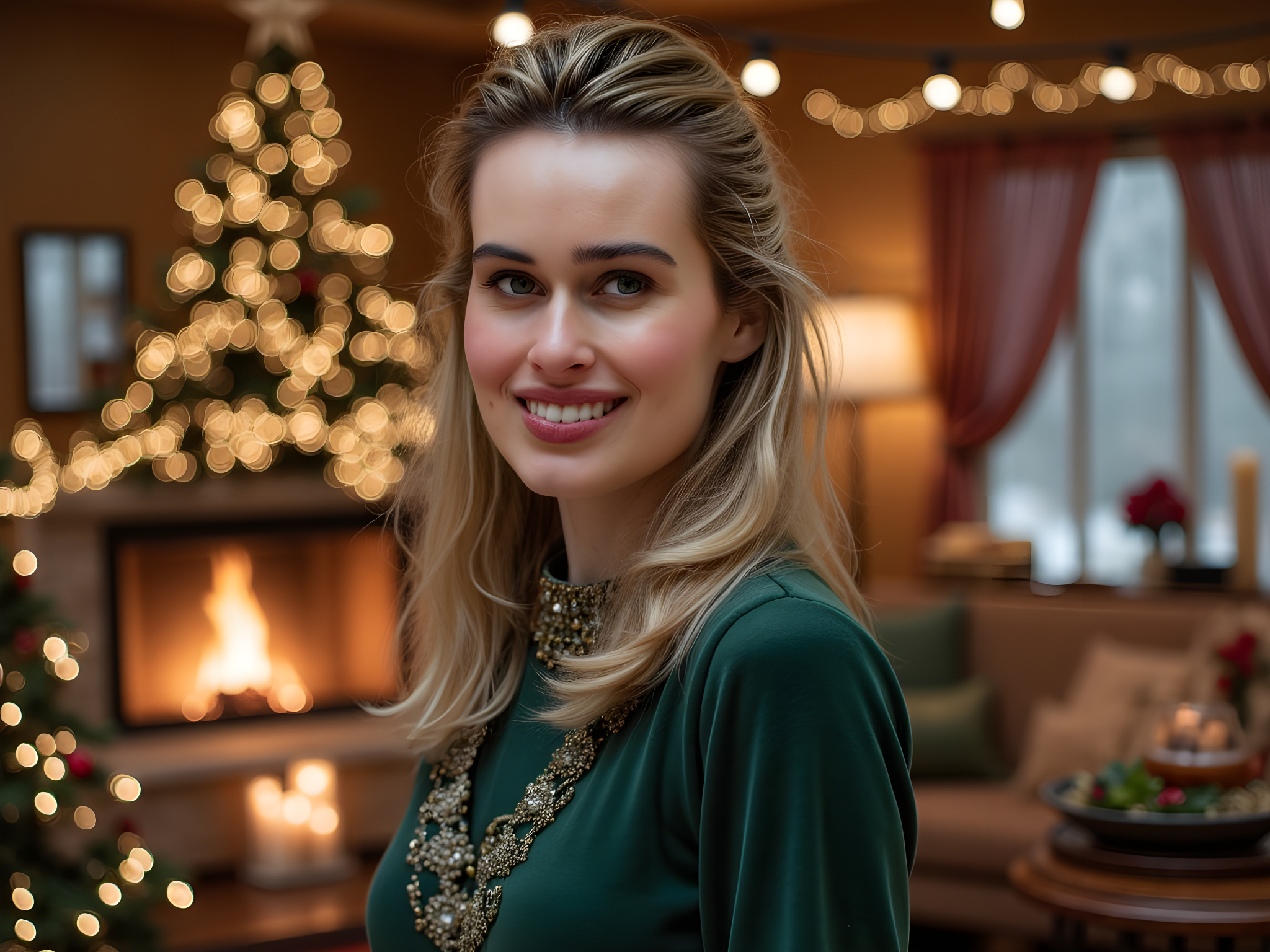 A joyful female figure, aged 28, embodies the festive spirit of Christmas in a quaint, softly lit cabin adorned with holiday decorations. She wears a luxurious, emerald green velvet dress with intricate gold embroidery, its long sleeves flowing elegantly to her wrists. A delicate gold ribbon cinches the waist, enhancing her graceful figure. The setting features a crackling fireplace, flickering fairy lights, and a beautifully decorated Christmas tree, casting a warm glow. Her hair cascades in loose curls, adorned with a sprig of holly, while her expression radiates warmth and cheer. The composition captures the essence of a cozy, enchanting holiday moment, filled with the emotional resonance of love and togetherness.