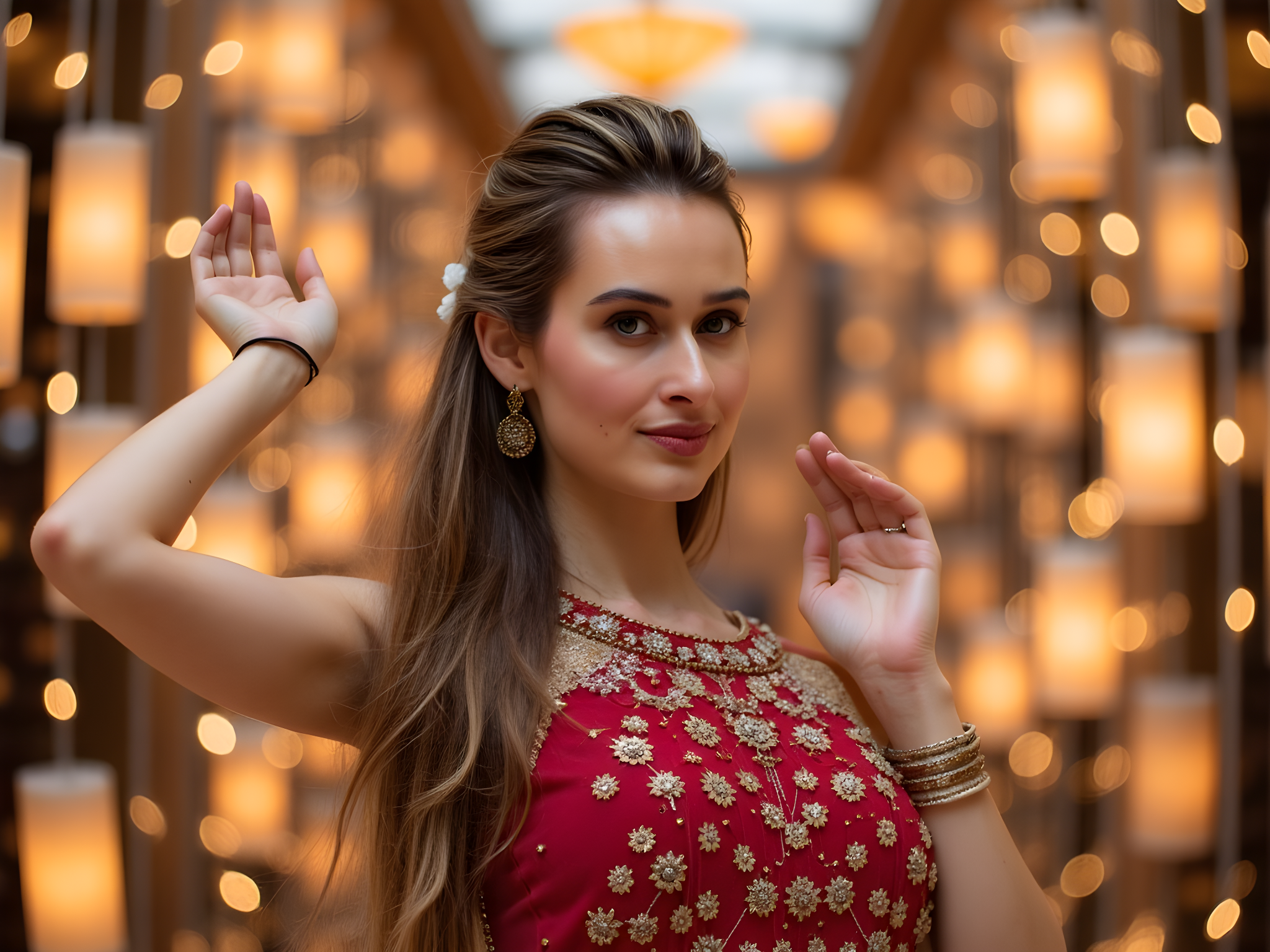 A stunning 28-year-old woman embodies the vibrant spirit of Diwali in an editorial portrait. She is adorned in an exquisite lehenga choli crafted from rich silk in deep crimson, adorned with intricate gold embroidery that glimmers like freshly lit diyas. Her long, dark hair flows in cascading waves, embellished with delicate jasmine flowers, evoking a sense of festivity and grace. The setting is illuminated by a plethora of floating lanterns and twinkling fairy lights, creating a warm, ethereal ambiance that enhances her radiant smile. Her pose is confident yet inviting, with one hand gracefully raised as if casting blessings over the onlookers. The composition captures the joyful essence of Diwali and the beauty of tradition, enveloped in a modern aesthetic that speaks to cultural pride and contemporary elegance.