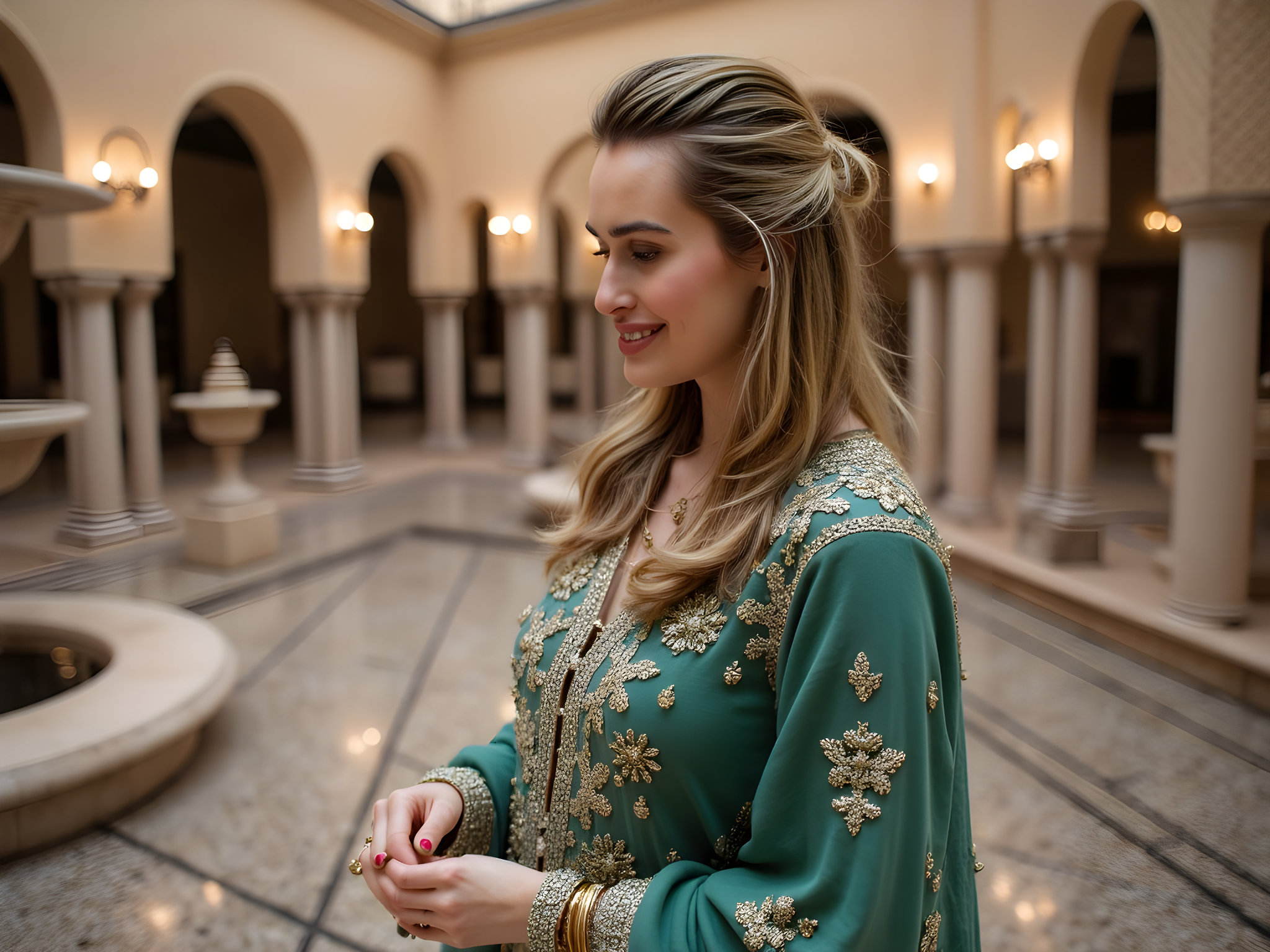 A radiant female figure, aged 28, embodying the spirit of Eid celebration. She is adorned in an opulent emerald green brocade abaya, intricately embroidered with gold filigree details that shimmer as she moves. Delicate long sleeves cascade gracefully, revealing elegant golden bangles that catch the light. Her hair, styled in soft, cascading waves, is adorned with a gold floral headpiece that enhances her regal presence. The background features a beautifully decorated courtyard with intricate mosaic tiles and delicate lanterns casting warm, inviting light, creating an atmosphere of festivity and joy. The composition is infused with elegance and cultural richness, evoking the warmth and vibrancy of Eid festivities.