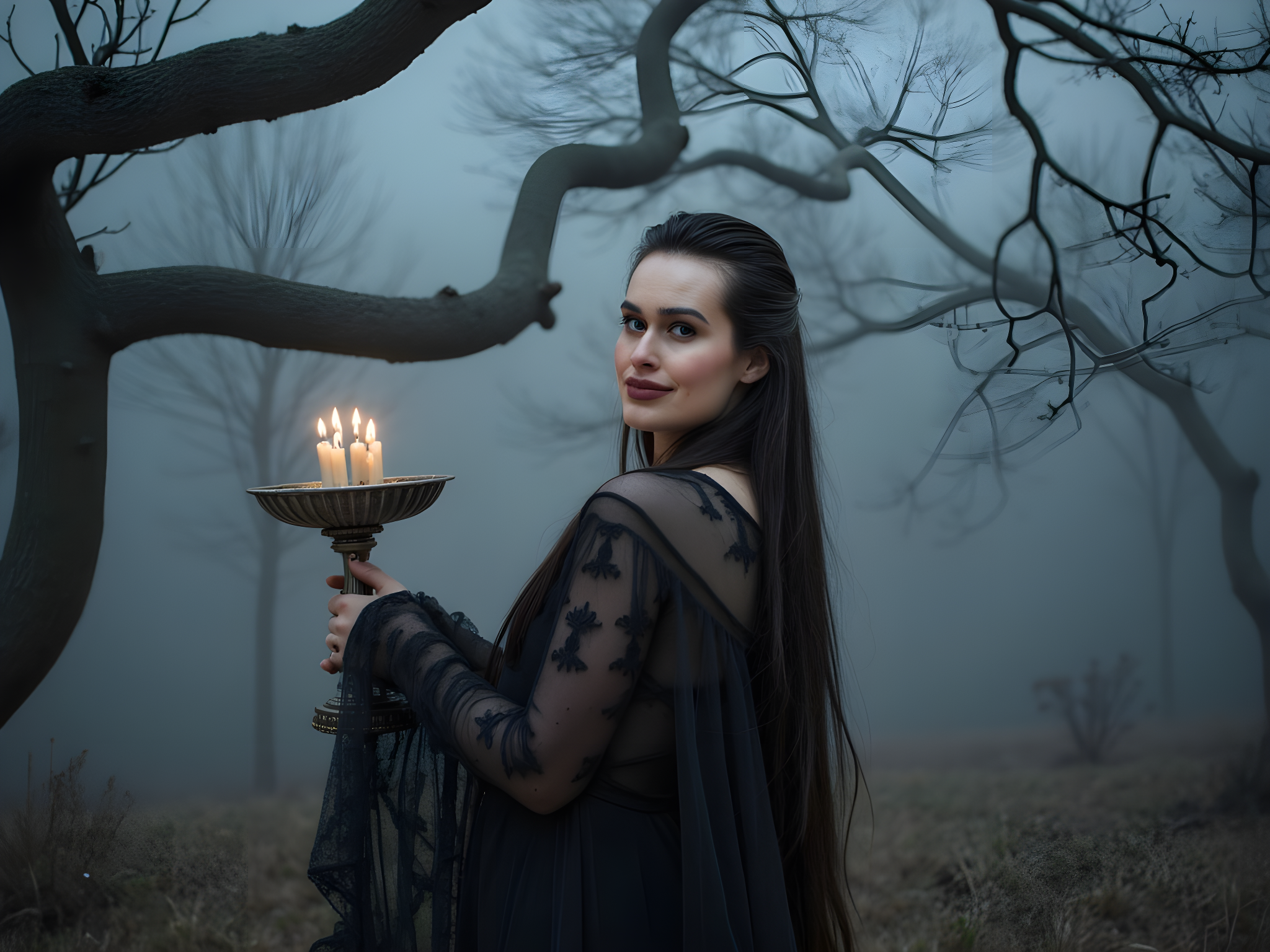 A hauntingly beautiful female figure, aged 28, embodies the essence of a spectral enchantress. Draped in an ethereal gown of translucent black chiffon, the fabric flows like mist, with layers gently cascading to the ground, creating an enchanting silhouette. Her face, framed by cascading raven locks, is highlighted with dramatic makeup — deep violet shadows accentuating her piercing green eyes and lips painted a haunting black. The setting is a moonlit forest, shrouded in fog, with gnarled trees casting intricate shadows. She holds a vintage silver candelabra, its flickering flames casting ethereal light, illuminating her ghostly visage. The pose evokes a sense of mystery and allure, with one arm elegantly arched above her head, creating visually striking negative space. The combination of the soft glow of moonlight and the flickering candlelight enhances the mood, making the viewer feel the enchantment of an otherworldly Halloween night.