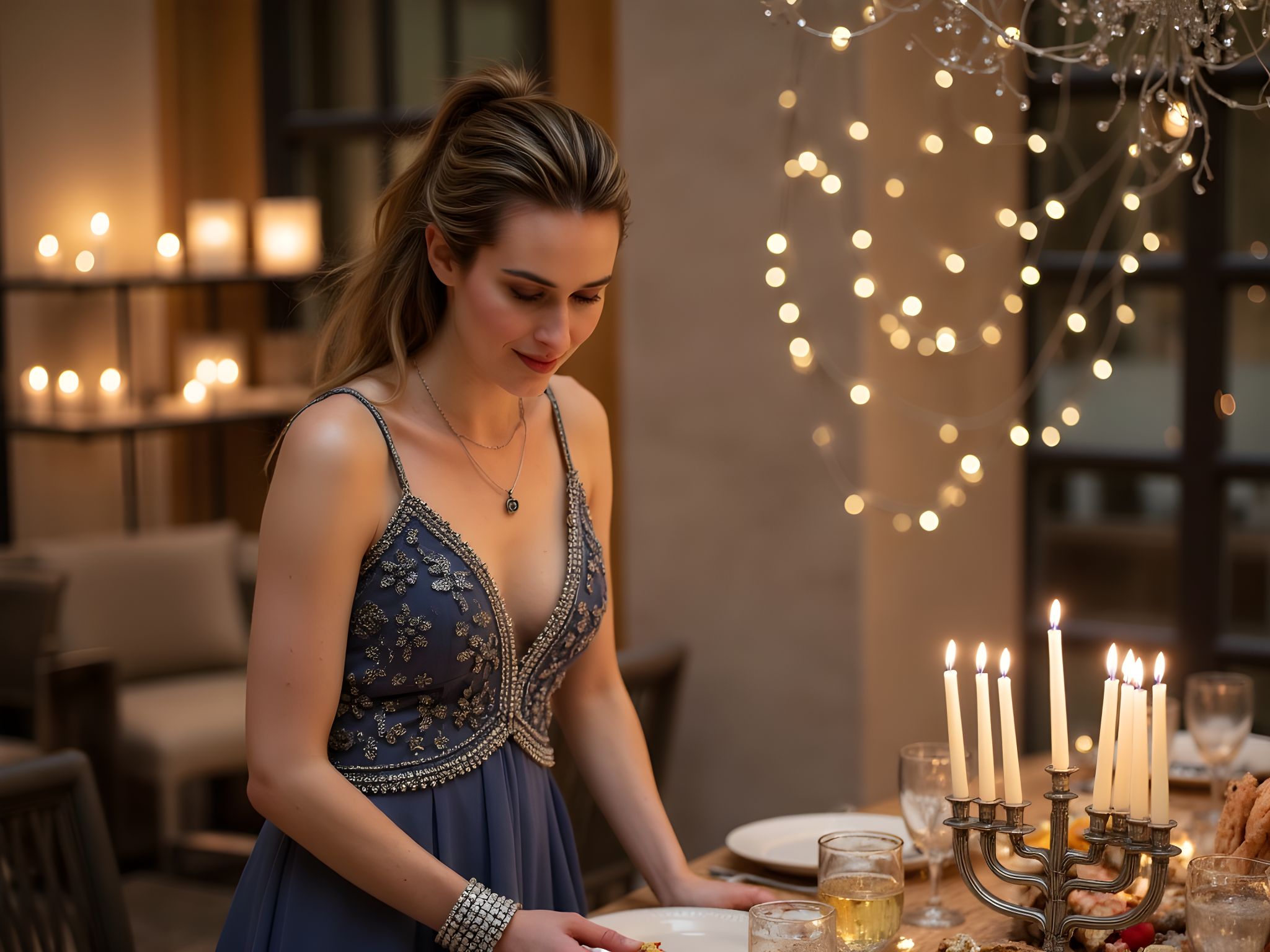 A whimsical scene capturing a 28-year-old woman exuding warmth and joy during a Hanukkah celebration. She wears an elegant, midnight blue silk gown adorned with delicate silver embroidery reminiscent of traditional motifs. The fabric flows gracefully as she stands beside a beautifully set table featuring a menorah lit with glowing candles, their soft light reflecting off her gown. Accessories include a sparkling Star of David necklace and a matching cuff bracelet. Her hair is styled in soft, cascading curls, and she wears a bright, genuine smile that radiates happiness. The background features twinkling fairy lights and festive decorations, creating an inviting atmosphere filled with love and tradition. This image embodies the spirit of togetherness and celebration, capturing a moment that honors heritage while showcasing modern elegance.