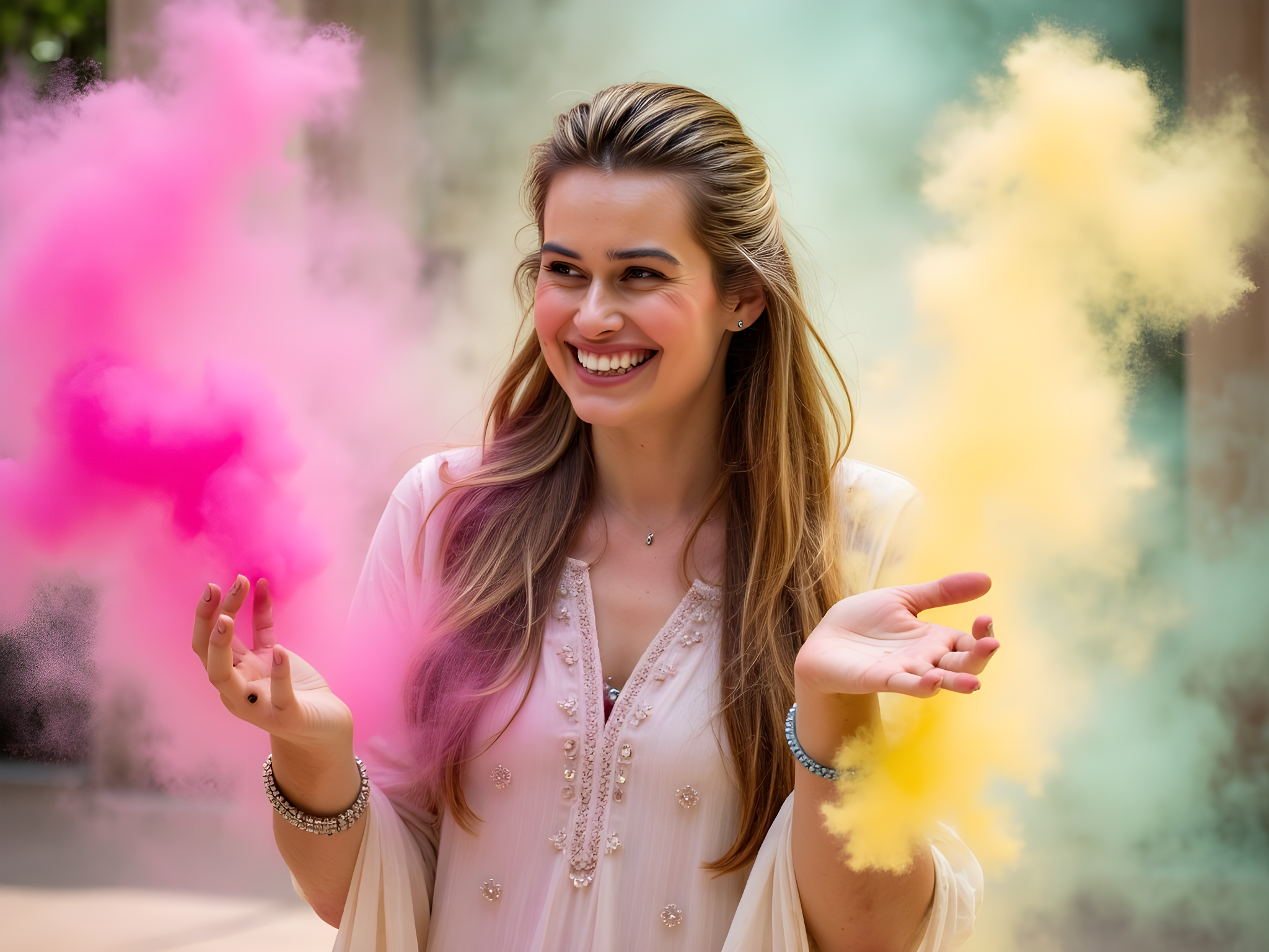 A vibrant and joyful celebration of Holi featuring a 28-year-old woman enveloped in a cascade of colorful powders. She’s wearing a flowing white cotton kurta that billows around her, accented with delicate gold embroidery. Her long, dark hair is adorned with marigold flowers, and her radiant smile showcases the pure delight of the festival. The background bursts with a whirlwind of hues—fuchsia, electric blue, and bright yellow—creating an explosion of color that embodies the spirit of joy and freedom. The lighting is bright, enhancing the vivid pigments that adhere to her skin, giving her an ethereal glow. Her pose is dynamic, arms raised as she playfully throws colored powder into the air, embodying the essence of celebration, unity, and exuberance intrinsic to Holi.