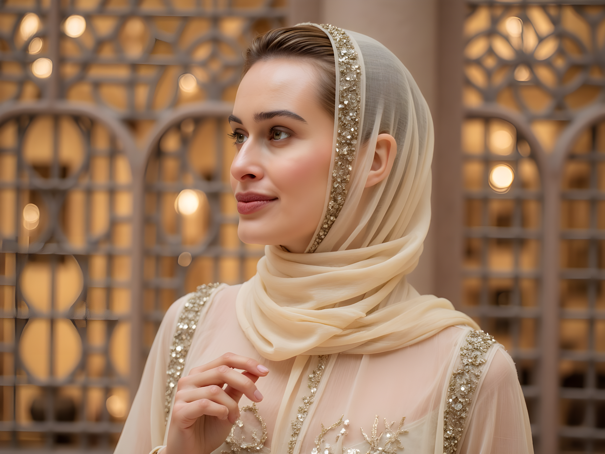 A serene female figure, aged 28, enveloped in the graceful essence of Ramadan. She is adorned in a flowing, ivory chiffon abaya with intricate gold embroidery that glimmers softly in the ambient light. A matching hijab frames her face, intricately styled with gentle folds that evoke a sense of tranquility and reverence. The background symbolizes the ethereal charm of sunset prayers, featuring softly glowing lanterns that cast delicate shadows on ornate, Arabic-patterned tiles. Her pose is contemplative, hands gracefully positioned in front of her, holding a delicate lantern. The composition captures a moment of reflection, embodying the spiritual depth of the holy month. The lighting is warm, golden hour hues providing a radiant halo effect, evoking feelings of peace, gratitude, and cultural richness in this enchanting setting.