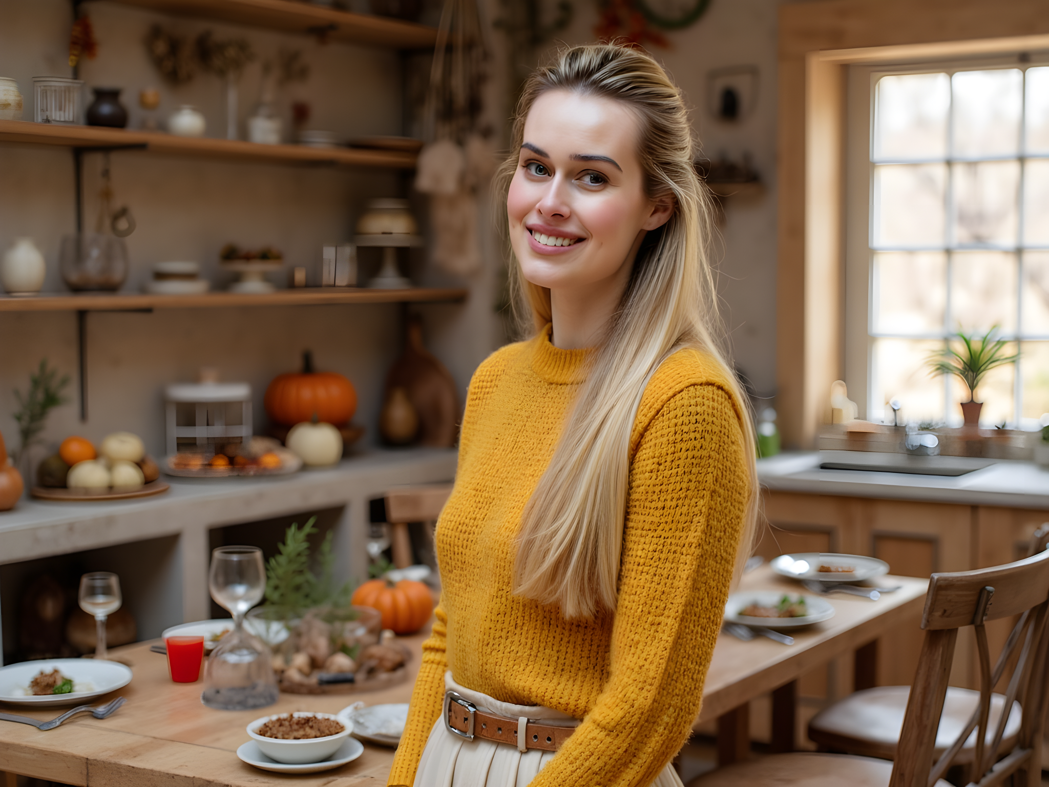 A vibrant and inviting scene capturing a spirited female, aged 28, embodying the warmth of a modern Thanksgiving celebration. She stands in a rustic kitchen adorned with autumnal decorations, her outfit—a cozy, hand-knit mustard sweater paired with a flowing beige maxi skirt—evokes both comfort and style. She is preparing a beautifully arranged table, filled with a cornucopia of seasonal delights: pumpkin pie, roasted turkey with golden skin, and a medley of vegetables. Her expression is one of joy and anticipation, radiating the spirit of gratitude. The soft, golden light filtering through a nearby window creates an intimate ambiance, with leaves and sprigs of rosemary enhancing the seasonal aesthetic. This image captures not just a holiday moment, but the essence of togetherness and home.
