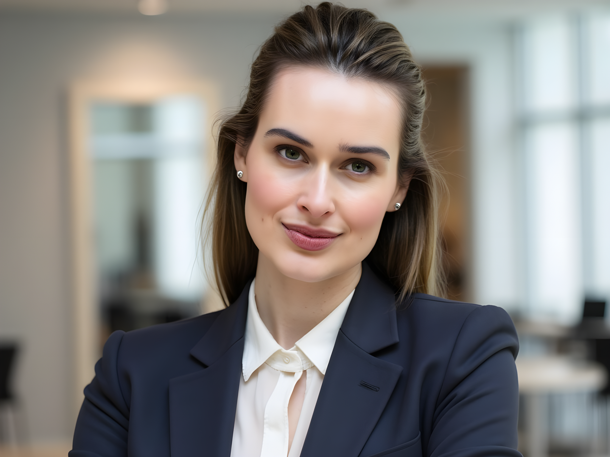 A 28-year-old female professional, captured in a confident pose for a LinkedIn profile. She stands against a modern office background, wearing a tailored navy blazer over a crisp white silk blouse. Her hair is styled in a sleek bob, and she has minimalistic jewelry that complements her polished look. The lighting is bright and inviting, illuminating her natural features while creating a professional allure. Her expression is warm yet assertive, projecting a sense of capability and reliability, making her the ideal candidate for leadership roles in any industry.
