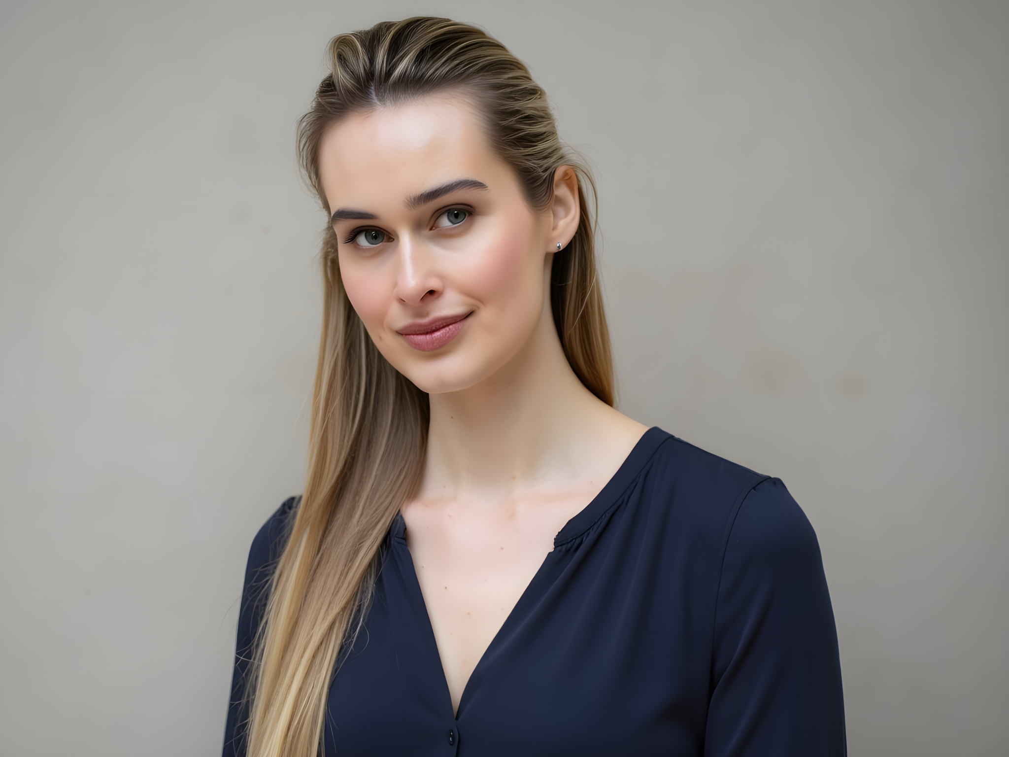 A poised 28-year-old female, captured in a passport photo that transcends standard identification imagery. She showcases a serene expression with soft, even lighting illuminating her face, revealing smooth skin and minimal makeup to enhance her natural beauty. Her hair is styled in a sleek, straight manner, framing her face subtly. Wearing a simple, elegant navy blue blouse, the background is neutral, allowing her striking blue eyes to stand out. The composition adheres to passport photo guidelines while exuding an effortless chicness, making it feel both personal and professional. This image embodies confidence and identity, creating a narrative of womanhood in modern society.