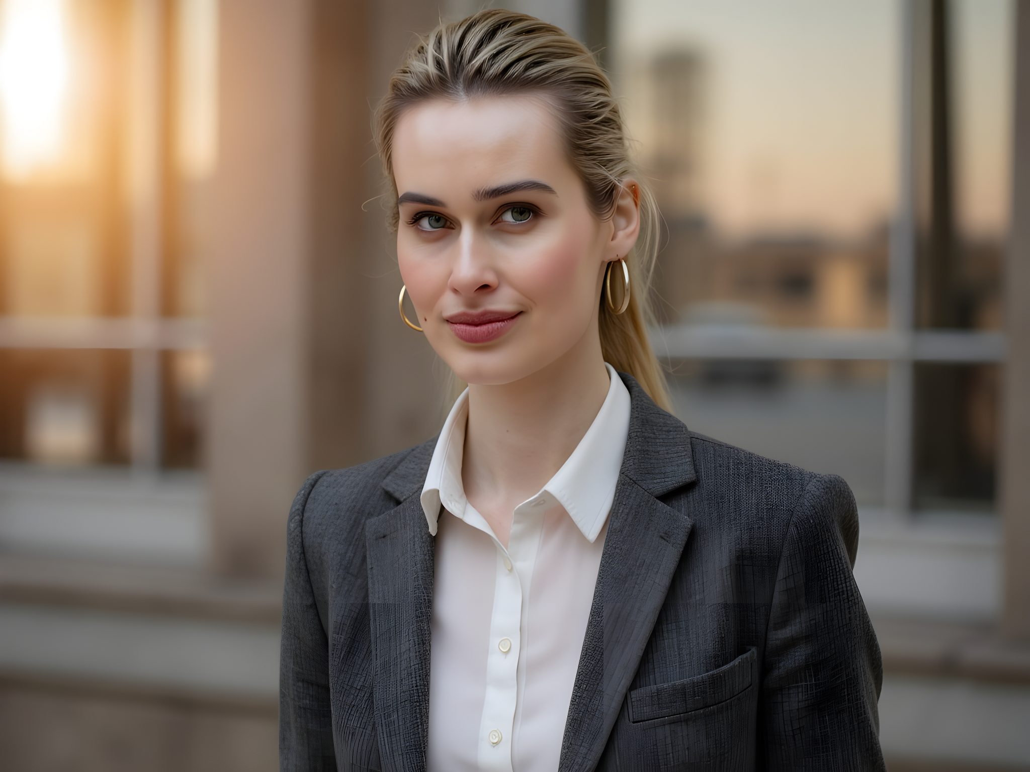 A sophisticated portrait of a female professional, aged 28, emanating power and confidence. She is dressed in a tailored charcoal gray blazer, featuring sharp lapels and a cinched waist, paired with a crisp white silk blouse that subtly peeks from underneath. Her tailored trousers are flawlessly fitted, elongating her silhouette. The model's hair is slicked back into a sleek low bun, emphasizing her strong jawline and striking features. A pair of minimalist gold hoop earrings add a touch of elegance. Set against a softly illuminated urban backdrop, the golden hour light creates a warm halo around her, blurring the lines of the city behind her. The composition uses negative space to highlight her figure, framing her in a manner that conveys determination and ambition, perfectly suited for a high-profile corporate campaign.