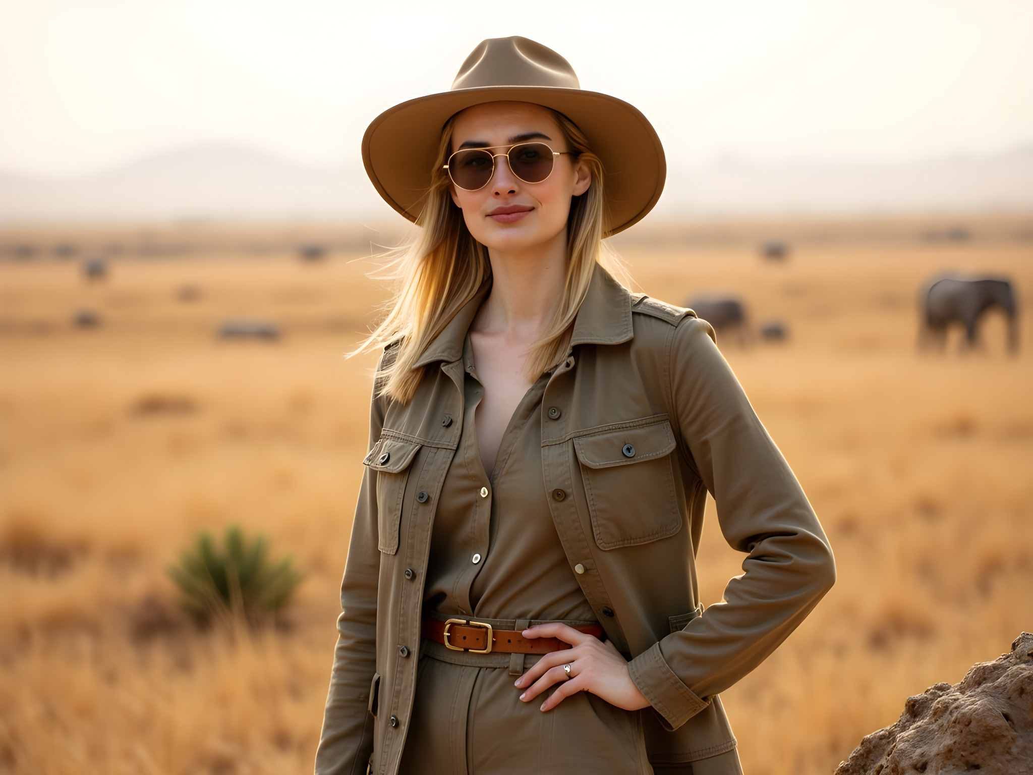 A fearless female adventurer, aged 28, embodies the spirit of an intrepid explorer set against the vast African savanna. She wears a tailored khaki jumpsuit made of breathable cotton twill, cinched at the waist with a wide leather belt. Her outfit is layered with a lightweight, olive-green safari jacket, adorned with practical cargo pockets. A wide-brimmed hat casts a soft shadow over her sun-kissed skin, while statement aviator sunglasses reflect the surrounding landscape. She stands confidently on a rocky outcrop, one hand resting on her hip, the other gripping a vintage leather binocular case. The golden light of the setting sun bathes the scene, enhancing the warm tones of her outfit and the earth below. The harmonious blend of nature and fashion captures the adventurous spirit of a modern-day safari queen, evoking a sense of discovery and wanderlust.