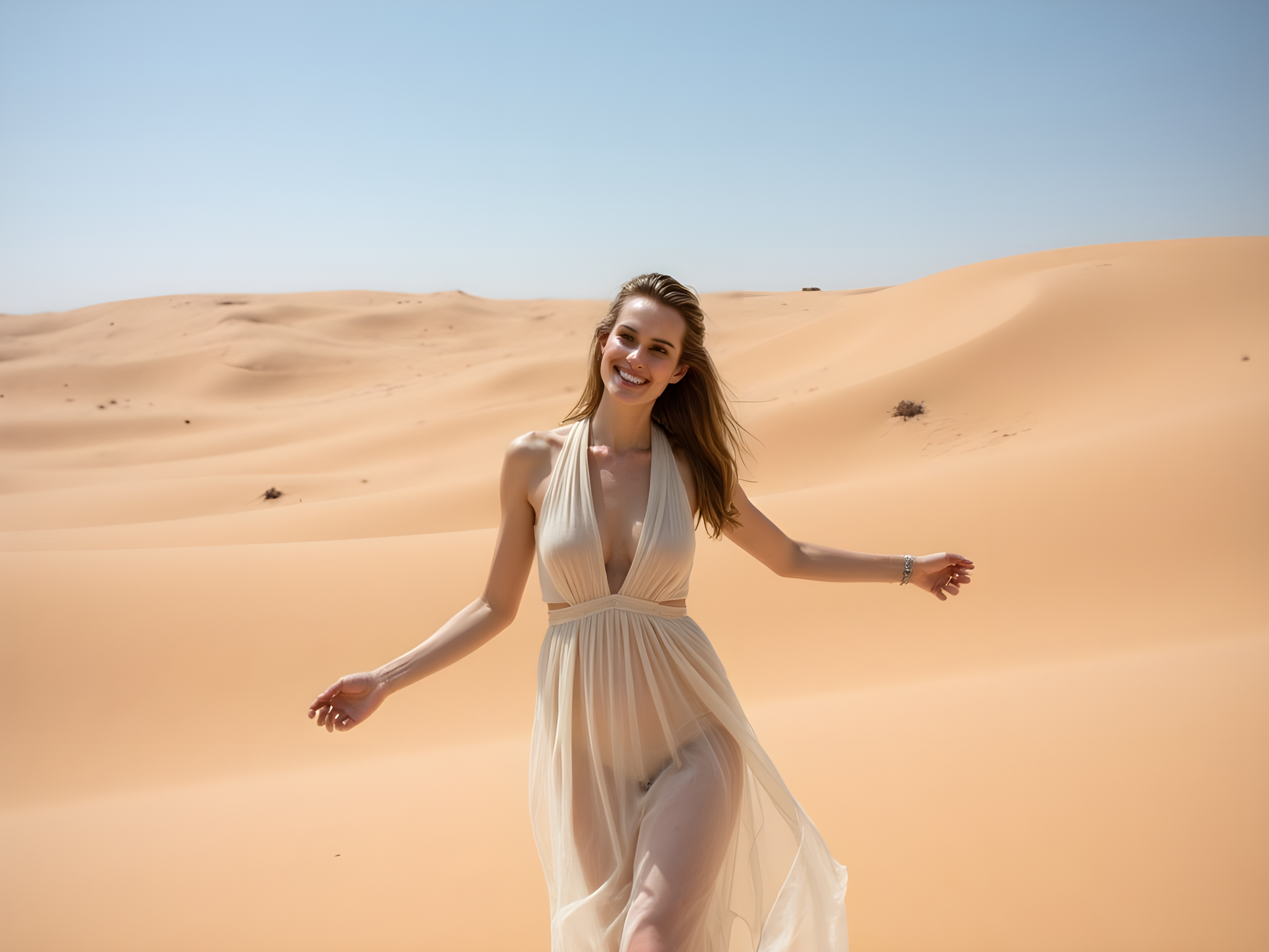 A striking 28-year-old female figure stands on a vast expanse of golden desert sands, exuding the fierce spirit of a modern-day nomad. Draped in an ethereal, flowing gown of cream chiffon that billows around her like soft clouds, the material catches the sun's warm rays, creating a halo effect. Her hair, kissed by the desert winds, cascades in loose waves, framing her sun-kissed face adorned with minimalistic, earthy-toned makeup. The pose captures her with arms gracefully extended, embracing the vastness of her surroundings. Behind her, the undulating dunes stretch endlessly, casting soft shadows that contrast with the bright azure sky. The simplicity of the setting allows for a dynamic interplay between the subject and the environment, underscoring themes of freedom and resilience. The composition highlights both the beauty and solitude that the desert represents, awakening a sense of wanderlust and introspection.