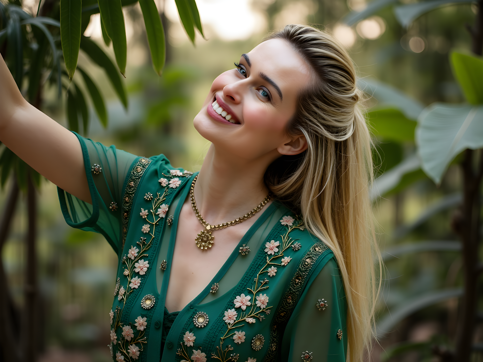 A fierce and adventurous female model, aged 28, embodies the spirit of the untamed jungle while draped in an exquisite ensemble of rich emerald green chiffon and gold accents. The flowing fabric mimics the movement of leaves in a warm, tropical breeze, with intricate floral embroidery that hints at her surroundings. She poses dynamically, one arm raised as if reaching for the dappled sunlight filtering through the thick canopy above, while her other hand casually rests on her hip, projecting confidence. A delicate gold choker with leaf motifs graces her neck, and her hair, adorned with fresh tropical blossoms, tumbles in soft waves over her shoulders. The lush foliage envelops her like an enchanted realm, the vibrant hues of verdant greens and soft earth tones creating a mesmerizing contrast against her skin. The composition captures the enchanting allure of the wild, harmonizing style with nature, evoking a sense of adventure and freedom, suitable for an editorial spread in Vogue or National Geographic.