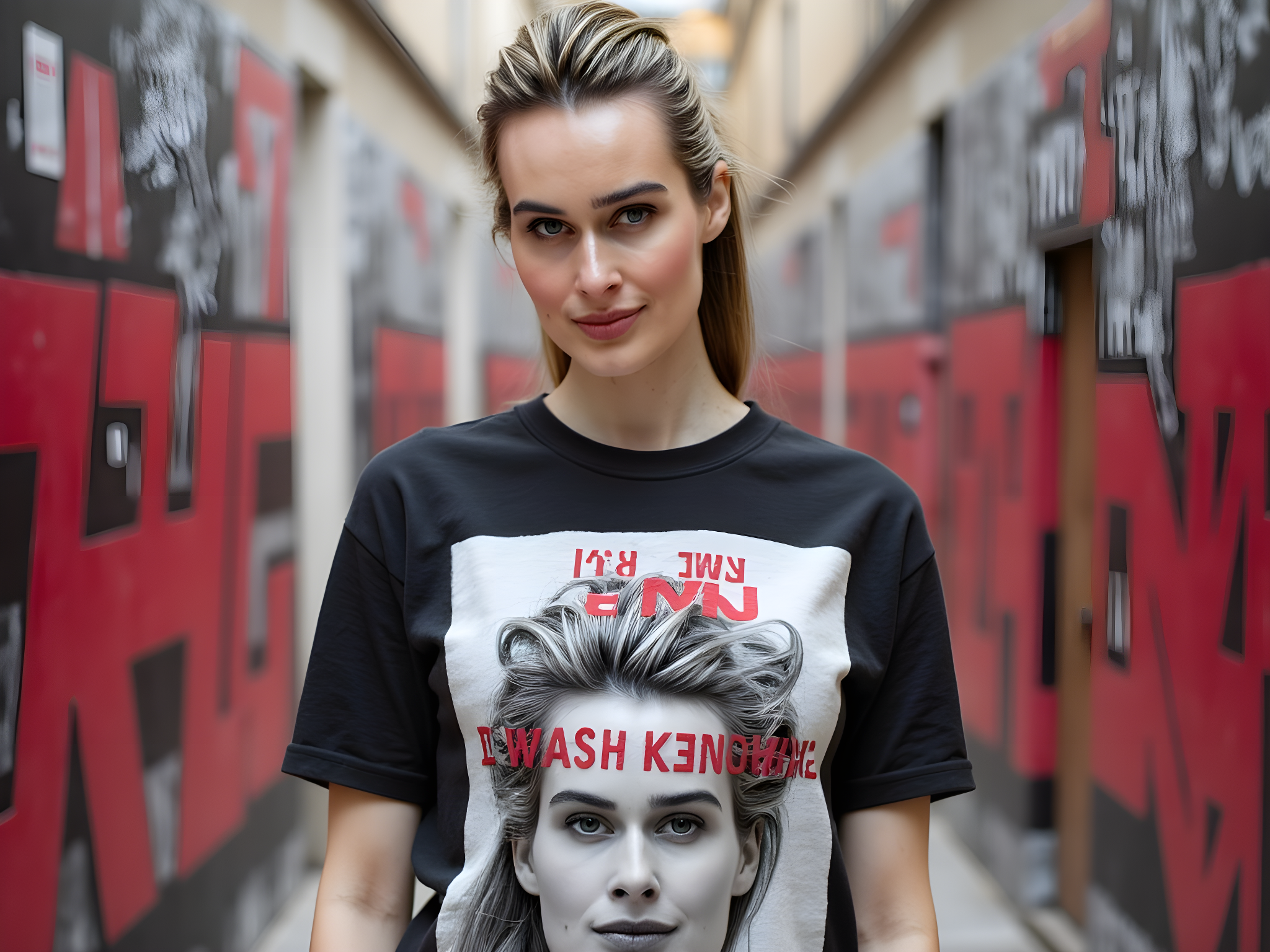 A strikingly modern female figure, aged 28, stands poised as a contemporary tribute to the art of Barbara Kruger. Clad in a bold, oversized black and white graphic t-shirt that reads 'Your Body is a Battleground' across the chest in stark, punchy red lettering, she embodies the fierce spirit of feminist activism. Her hair is slicked back into a sharp bun, exposing strong cheekbones and fierce makeup that emphasizes her penetrating gaze. The background features a vibrant, urban street scene infused with red and black graffiti art, evoking a sense of rebellion and urgency. The composition employs a mix of wide-angle perspectives to create visual drama, capturing her as a symbol of empowerment and strength. The overall aesthetic blends contemporary fashion with provocative social commentary, promising a powerful cultural resonance.