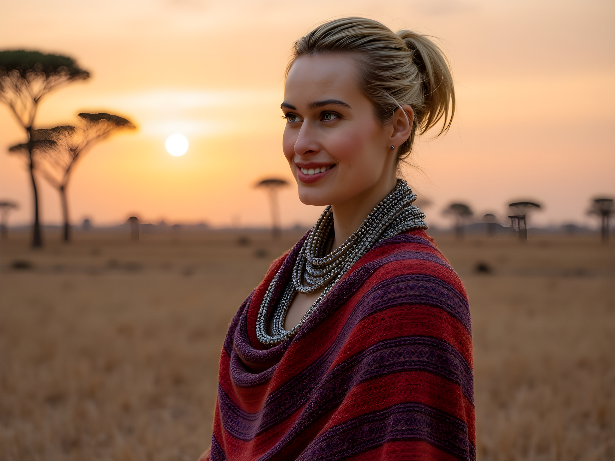 A striking 28-year-old female model, embodying the spirit of the Maasai Mara, stands gracefully on the African savannah at dusk. Draped in a vibrant, patterned shuka in rich reds and deep blues, adorned with intricate beadwork that echoes the cultural heritage of the Maasai people, she radiates strength and elegance. The sun sets behind her, casting a golden glow that highlights the textured fabric, while the silhouette of acacia trees frames her figure. Her posture is proud and regal, one hand resting lightly on her hip, the other raised slightly, as if reaching for the horizon. The atmosphere is infused with a sense of wilderness and freedom, capturing both the beauty of the landscape and the indomitable spirit of the Maasai culture.