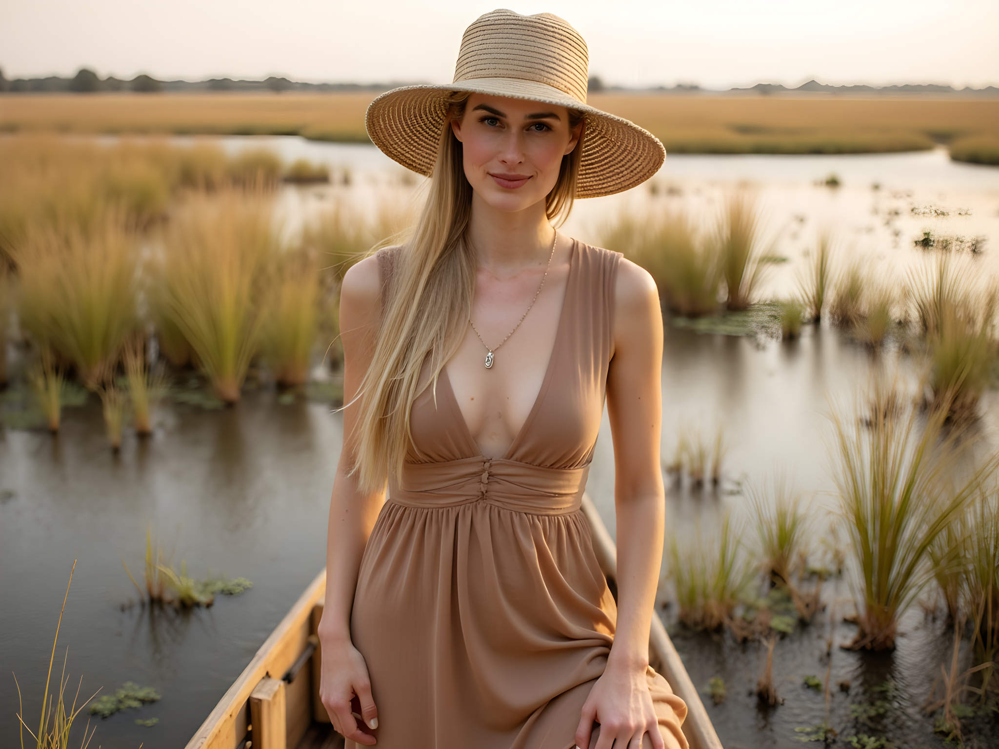 A striking female figure, aged 28, exuding the spirit of adventure amidst the untamed beauty of the Okavango Delta. She stands barefoot on a traditional wooden canoe, dressed in a flowing, earth-toned maxi dress crafted from lightweight chiffon georgette, the fabric billowing softly in the warm African breeze. Her skin glistens with the golden hues of sunset, echoing the vibrant colors of the wetlands around her. A wide-brimmed straw hat frames her sun-kissed face, adorned with minimalistic jewelry that whispers sophistication. The scene encapsulates the essence of exploration and connection with nature, the lush grasses and tranquil waters creating a serene backdrop. The composition showcases the rule of thirds, with the canoe positioned elegantly against the horizon, emphasizing the expansive wilderness. Soft, natural lighting bathes the subject, capturing her quiet strength and adventurous spirit, making the viewer feel immersed in this enchanting landscape.