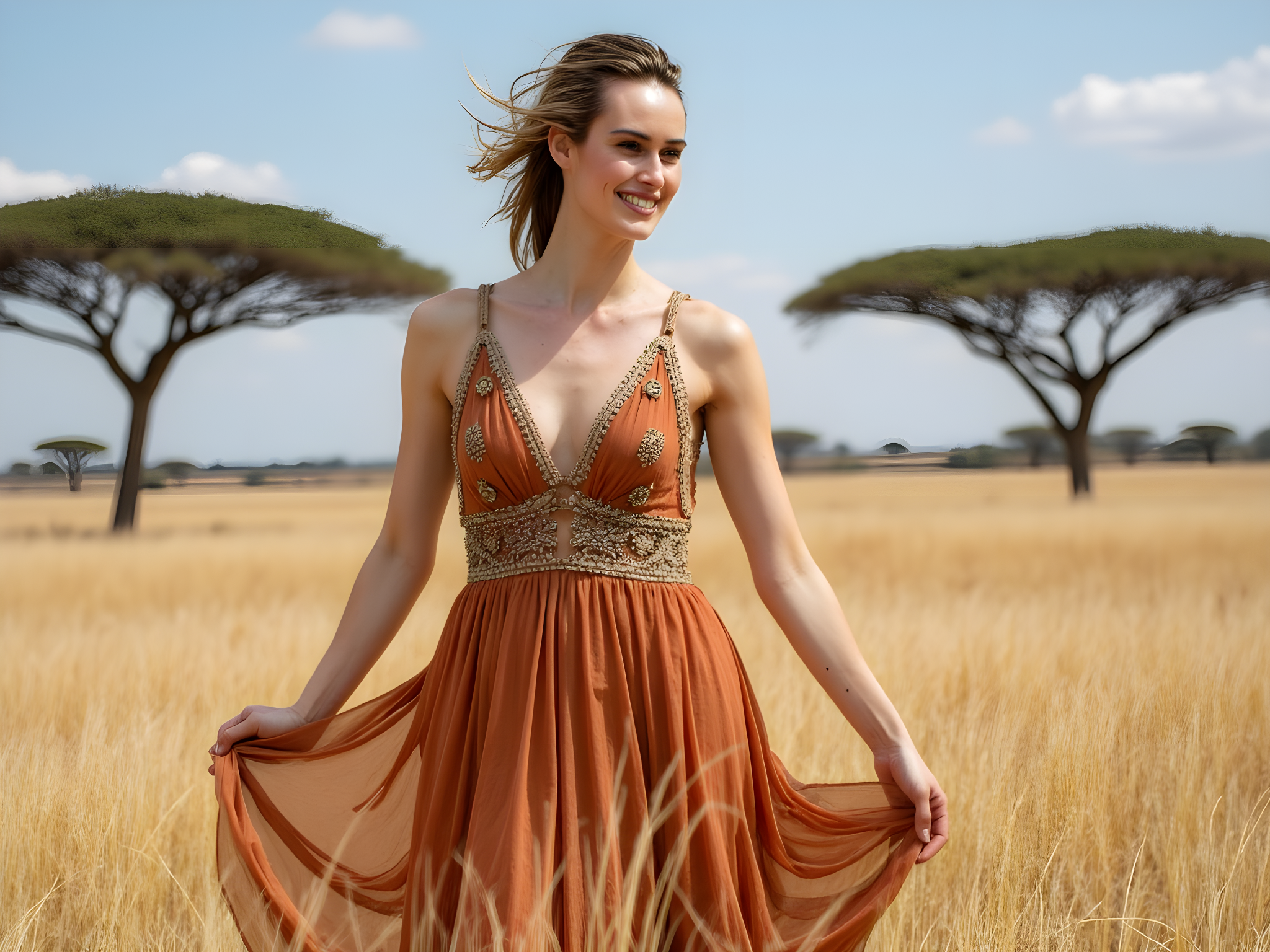 A breathtaking portrait of a 28-year-old woman embodying the spirit of the African savannah, standing gracefully amidst the tall golden grasses. She wears an ethereal, flowing maxi dress crafted from lightweight chiffon georgette in earthy hues of ochre and terracotta, the fabric dancing around her like the winds of the savannah. Her hair is styled in natural, wild curls, adorned with delicate feathers and beads to evoke a sense of tribal elegance. The sunlight bathes her in a warm glow, highlighting her radiant skin and the intricate embroidery of her dress. With a soft yet commanding expression, she gazes slightly off-camera, embodying the fierce beauty and resilience of the wild. The composition features a vast expanse of azure sky and scattered acacia trees, subtly blurring into the background, enhancing the serene yet powerful atmosphere of her connection to nature.