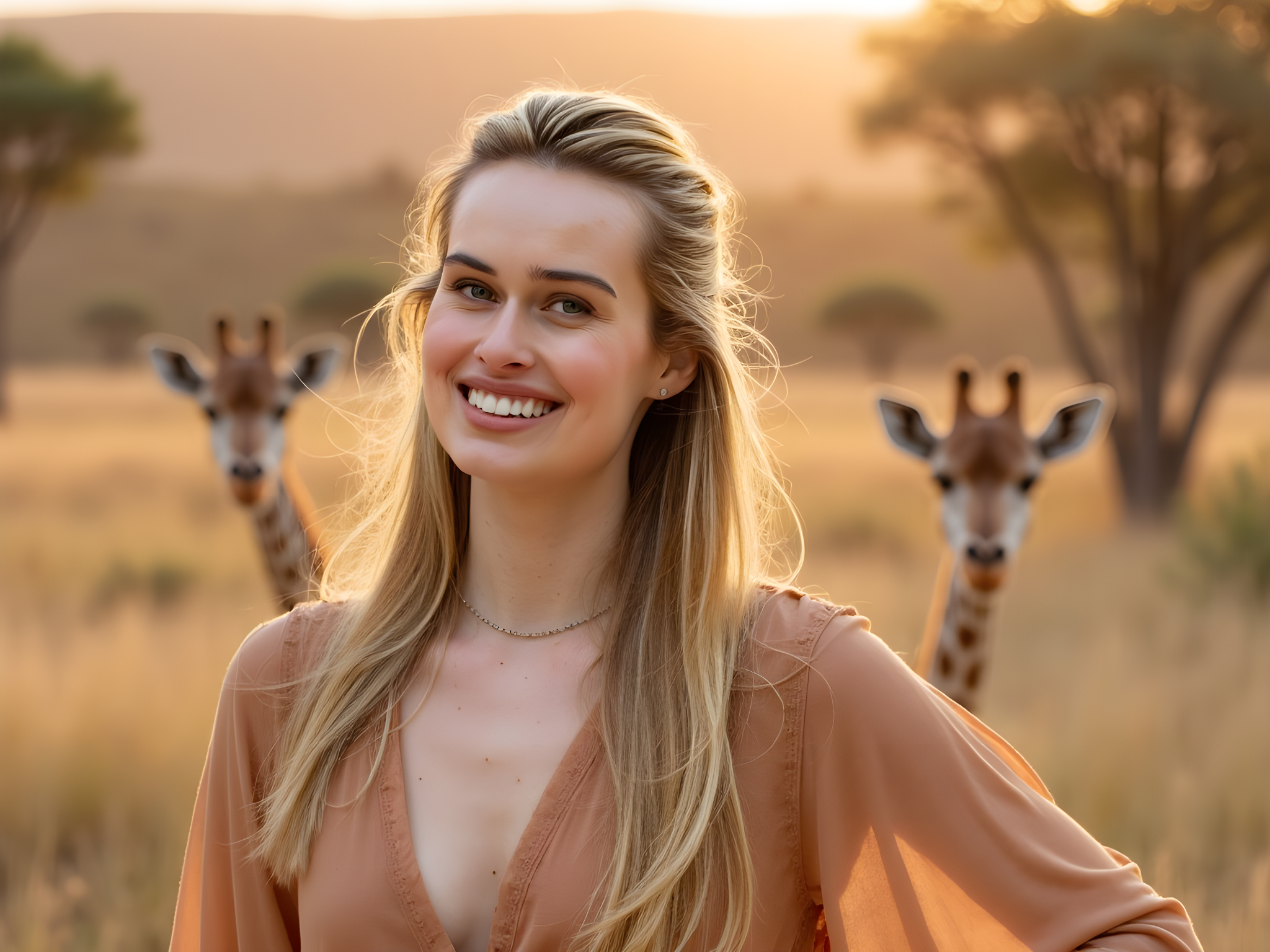A striking portrait of a 28-year-old female, gracefully poised in the heart of Serengeti National Park during golden hour. Dressed in a flowing, earth-toned chiffon maxi dress that dances with the breeze, she embodies the spirit of the wild. The fabric, adorned with subtle animal prints, mirrors the surrounding landscape, blending seamlessly with the soft grasses and acacia trees. Her hair flows freely, adorned with natural elements like sprigs of wildflowers, evoking a sense of harmony with nature. Soft, warm light bathes her face, creating a natural halo effect that reflects the golden hues of the sunset. The backdrop features giraffes gracefully grazing in the distance, adding an authentic safari atmosphere, while her confident, serene expression radiates a deep connection with the untamed beauty of the Serengeti.
