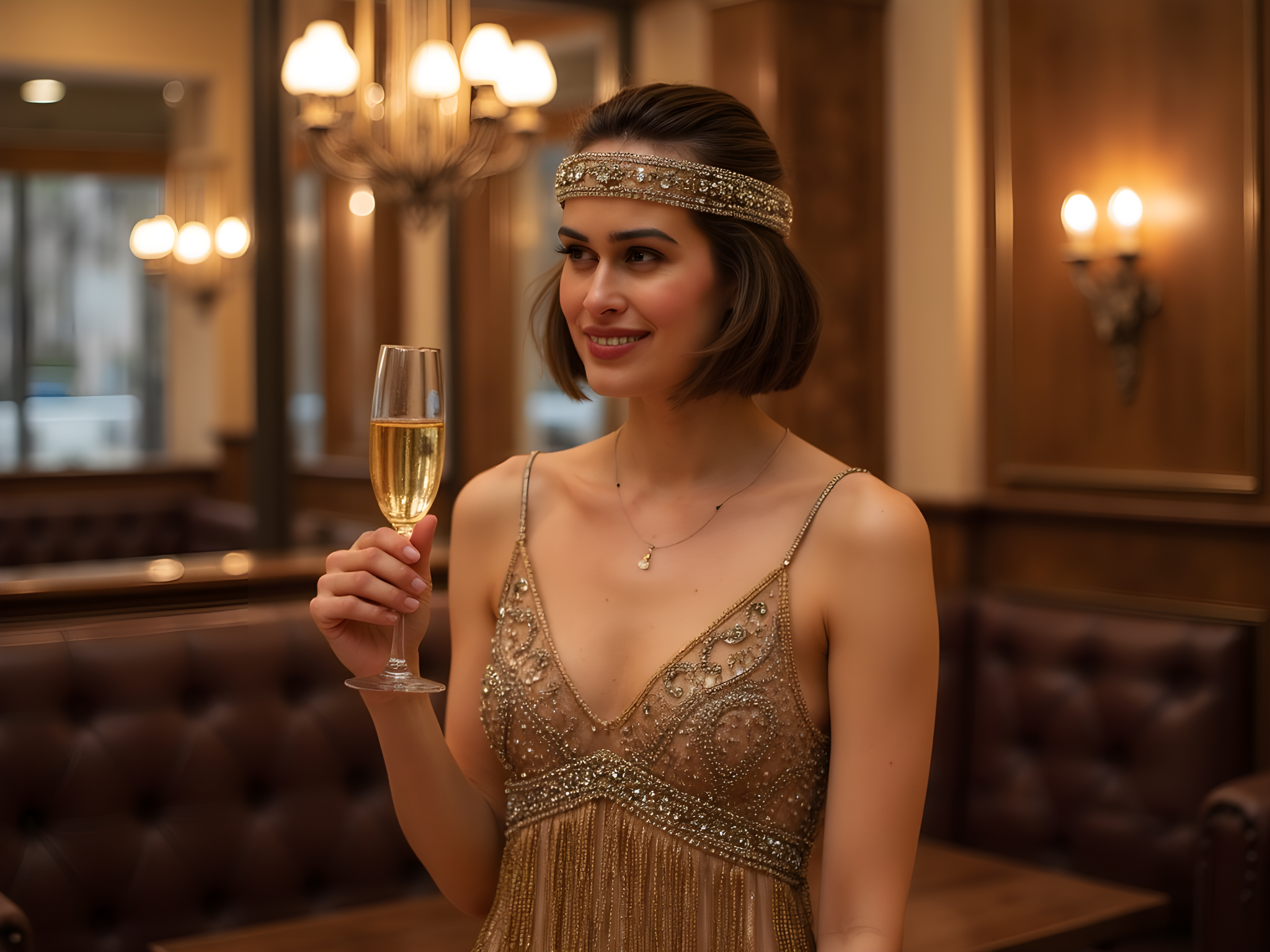 A striking 28-year-old woman, evoking the spirit of the Roaring Twenties. She stands amidst a backdrop of vintage jazz club decor, draped in a shimmering gold flapper dress crafted from intricate beaded chiffon, featuring a dropped waist and cascading fringe that dances with every movement. Her hairstyle is a classic bob adorned with a jeweled headband, embodying the flapper’s glamorous defiance. In her hand, she delicately holds a vintage champagne coupe, a symbol of celebration, while her expression radiates playful confidence and allure. The lighting is soft and golden, reminiscent of candlelit soirées, casting a warm glow that accentuates her elegance. The composition balances boldness with nostalgia, creating a dreamlike atmosphere that promises to transport the viewer back in time.