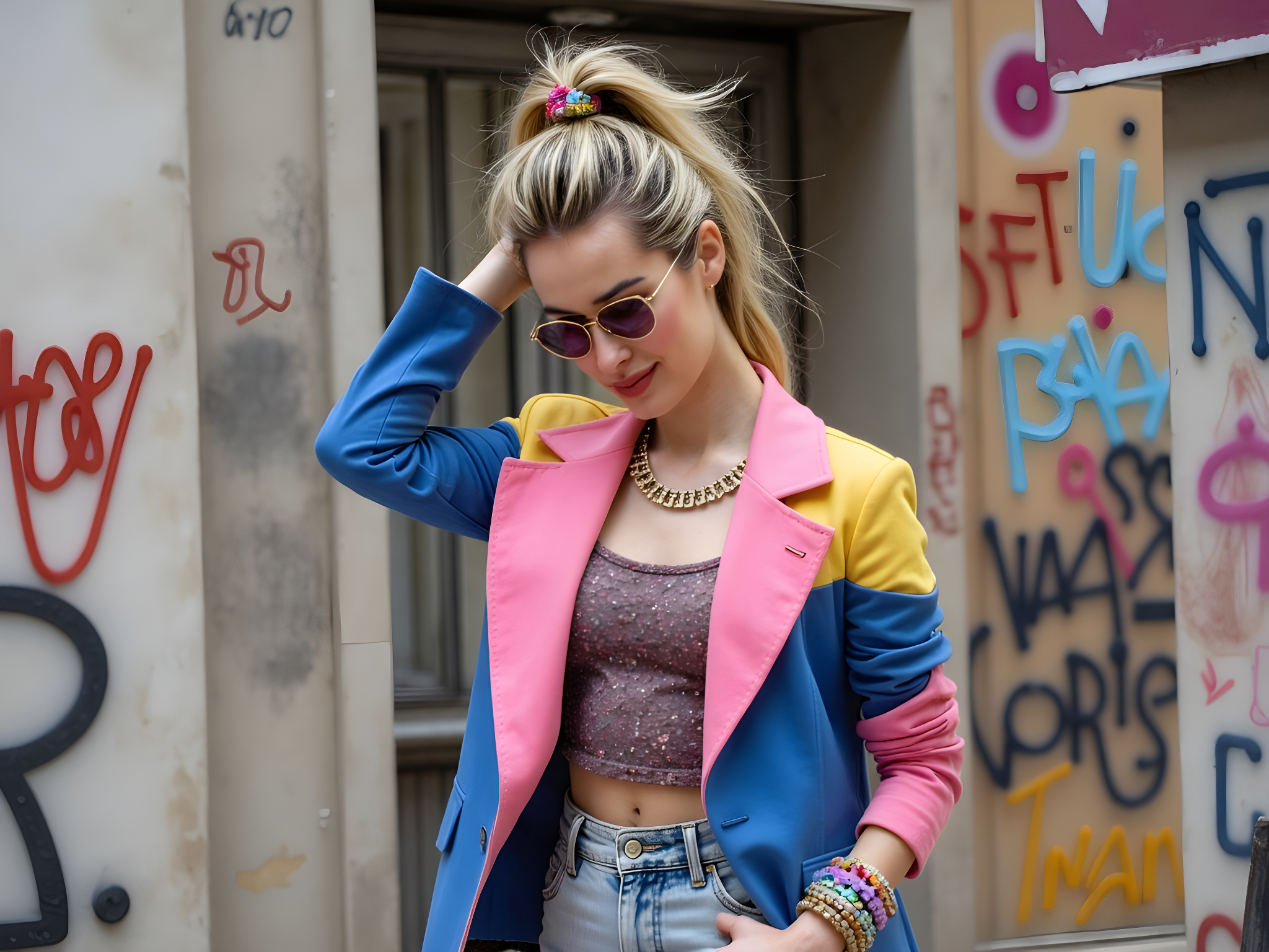 A powerful visual of a female model, aged 28, capturing the vibrant essence of 1980s fashion. She is adorned in an oversized, color-blocked blazer with exaggerated shoulders and a cinched waist, crafted from a luxurious blend of silk and taffeta in electric pink, cobalt blue, and sunny yellow. Below, she wears high-waisted acid-wash denim jeans, perfectly tailored to embrace her silhouette. Accessories include bold, oversized gold hoop earrings and a pile of colorful bangles cascading down her forearm. Her hair is styled in a voluminous, teased mane, reminiscent of the era, with a vibrant scrunchie securing a half-updo. The setting is an urban backdrop, infused with graffiti art, starkly contrasting the timeless elegance of her look, embodying a rebellious spirit of liberation and creativity. Often capturing a powerful dance pose, she stands against the wall with one arm raised, exuding confidence and nostalgia.