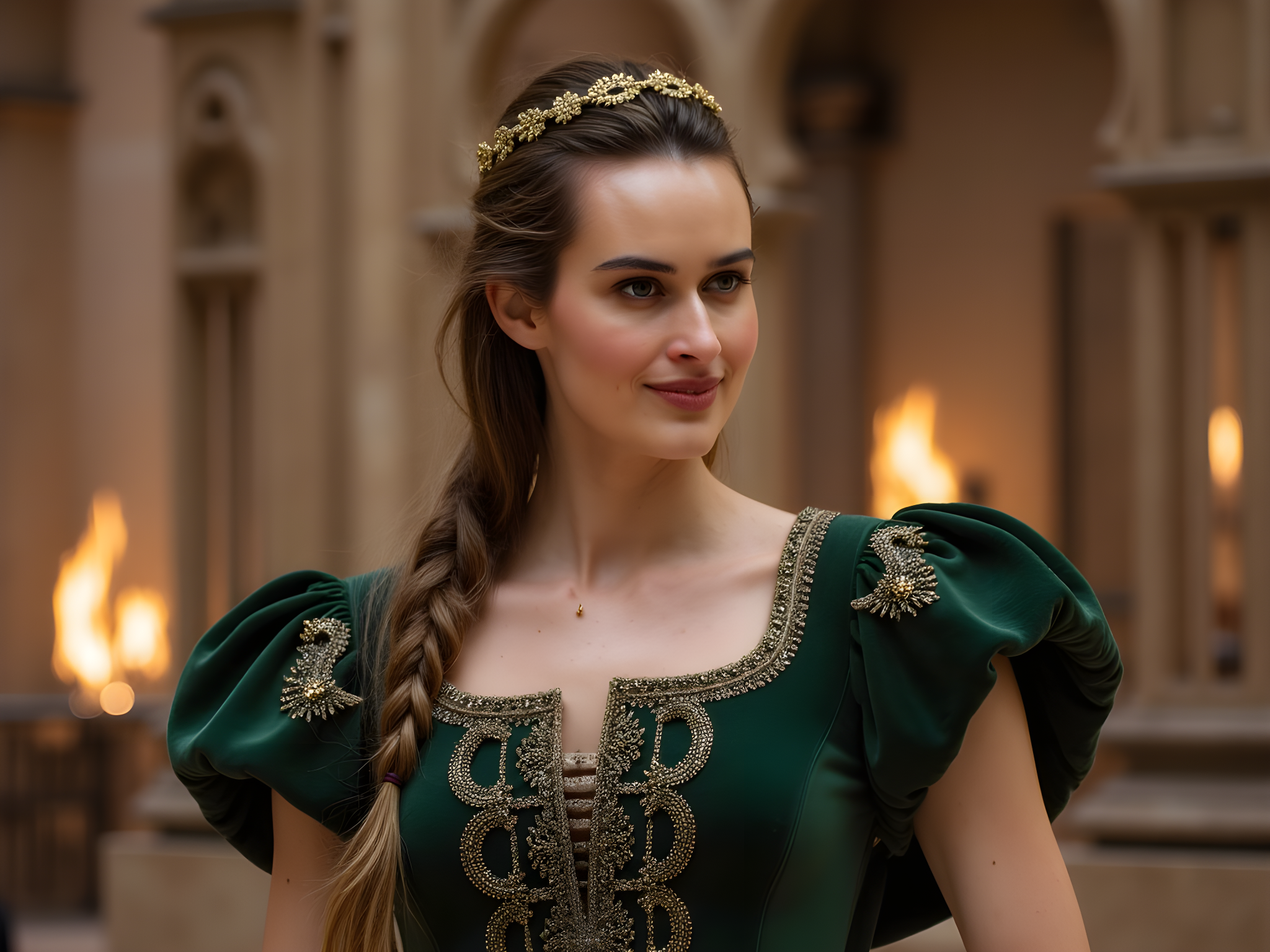 A captivating portrait of a 28-year-old woman embodying the elegance of medieval royalty. She is clad in a sumptuous gown of deep emerald green velvet, adorned with intricate gold embroidery that glimmers softly in the ambient candlelight. The gown features a corseted bodice and flowing sleeves that cascade elegantly down her arms, accentuated by delicate lace cuffs. Her long, dark hair is intricately braided and crowned with a delicately embellished circlet of gold leaves, framing her regal profile. The setting invokes a grand castle interior, with stone archways and flickering torches casting warm light. She gazes off thoughtfully, capturing the essence of a strong yet melancholic queen, embodying the strength and grace of medieval nobility. The composition employs soft focus, enhancing a dreamy, almost ethereal quality, while natural light creates a warm halo around her form, evoking a sense of nostalgia and timeless beauty.