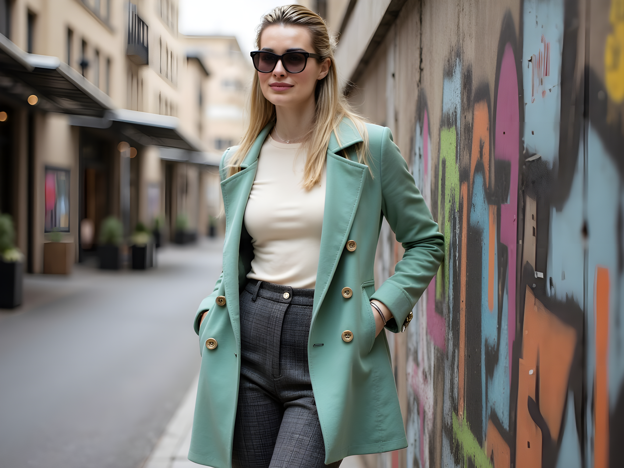 A vibrant and stylish female, aged 28, captured in the bustling streets of Melbourne's laneways, embodying the eclectic spirit of urban fashion. She is adorned in a tailored mint green trench coat crafted from lightweight crepe, layered over a fitted ivory blouse with billowing sleeves and high-waisted, charcoal wool trousers. Her ensemble is punctuated by chunky white platform sneakers, adding a contemporary twist. Wearing oversized cat-eye sunglasses, she effortlessly leans against a graffiti-covered wall, embodying a blend of confidence and casual chic. The scene is alive with splashes of color and textured layers, while soft natural light filters through the cityscape, enhancing the captivating dynamics of the urban backdrop. This image captures the essence of Melbourne's art-inspired culture and modern femininity, creating a striking visual narrative for a high-fashion editorial.