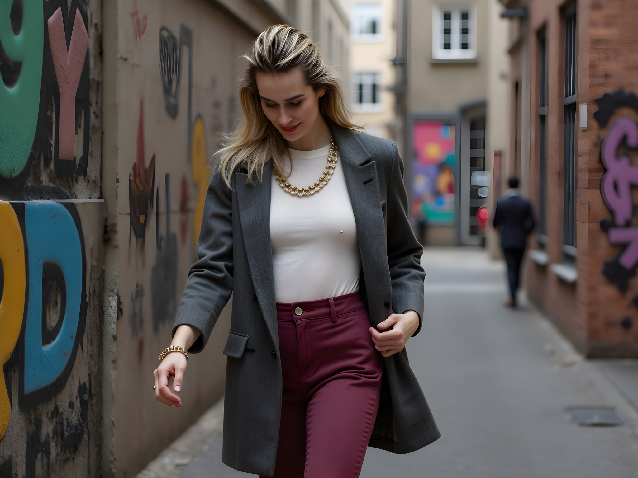 A striking female figure, aged 28, navigates the urban tapestry of a vibrant laneway, immersed in the eclectic charm of street art and gritty textures. She wears an oversized, tailored charcoal blazer over a fitted white turtleneck, paired with high-waisted, cropped trousers in a rich burgundy. Layered chunky gold jewelry catches the light, reflecting her bold personality. Her hair is styled in effortless waves, cascading over one shoulder as she exudes an understated coolness. The laneway, with its colorful murals and moody light filtering through, creates a juxtaposition between her polished look and the raw urban surroundings. The composition captures her in mid-stride—one foot stepping forward, the other slightly behind—as if she is a part of the city’s rhythm. This scene is infused with the energy of metropolitan life, evoking a sense of adventure and spontaneity.