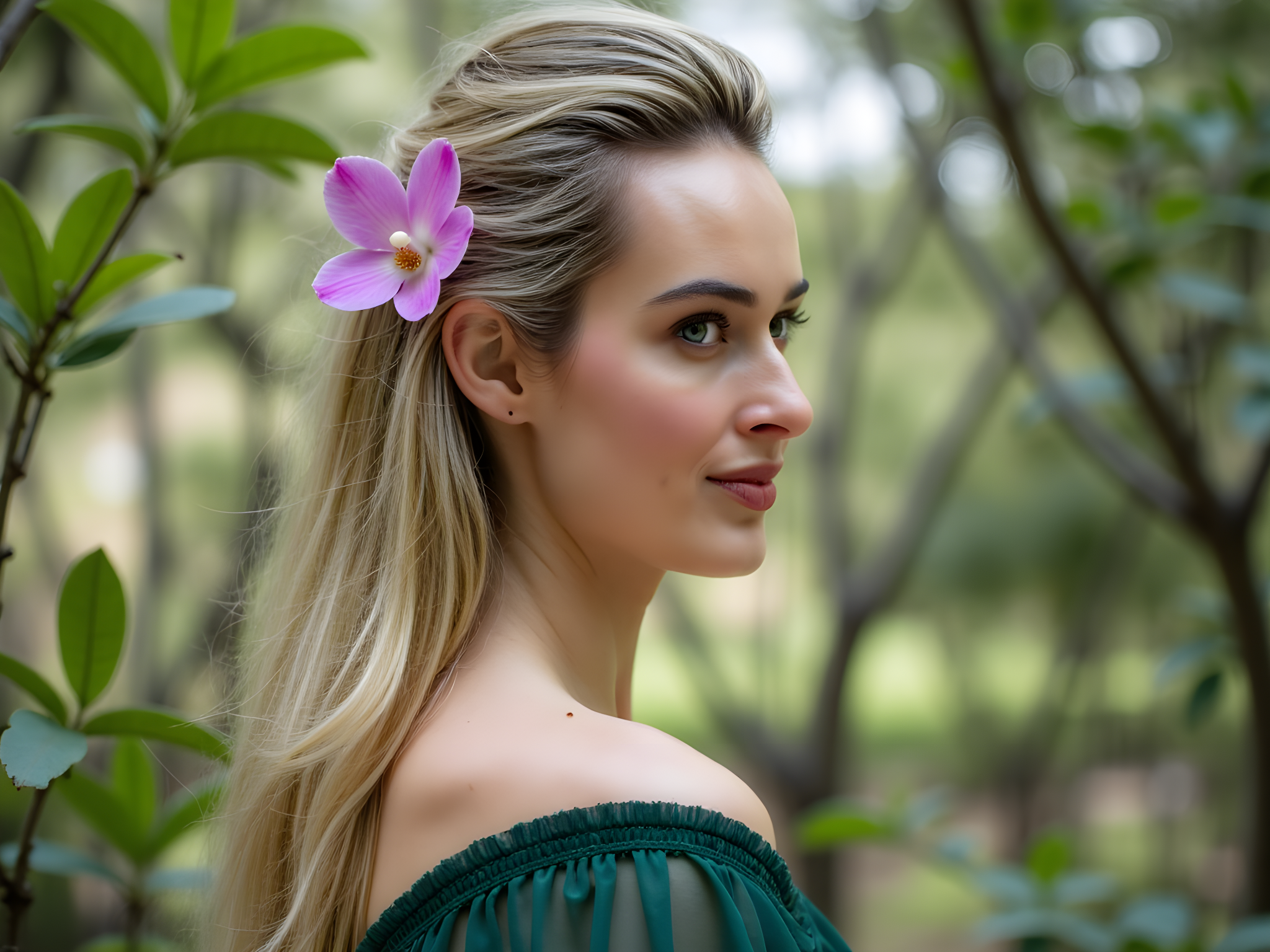 A statuesque young woman, aged 28, embodies the serene elegance of a modern-day botanical queen amidst the lush vibrancy of the Royal Botanic Gardens. Clad in an ethereal gown made of chiffon georgette in shades of forest green, reminiscent of delicate leaves, the dress cascades to the ground with hand-pleated layers that mimic the organic shapes of nature. Her hair flows in soft waves, intertwined with fresh blooms of jasmine and orchids, enhancing her connection to the garden's beauty. The soft morning light filters through the leaves, creating dappled patterns that dance across her skin, while she stands in a poised profile against a backdrop of vibrant flora. Her gaze directed toward a distant horizon evokes a sense of wonder and discovery, inviting viewers to immerse themselves in nature's embrace. The composition, utilizing the golden ratio, draws the eye to her poised posture, contrasting the dynamic beauty of the surrounding botanicals that frame her gracefully.