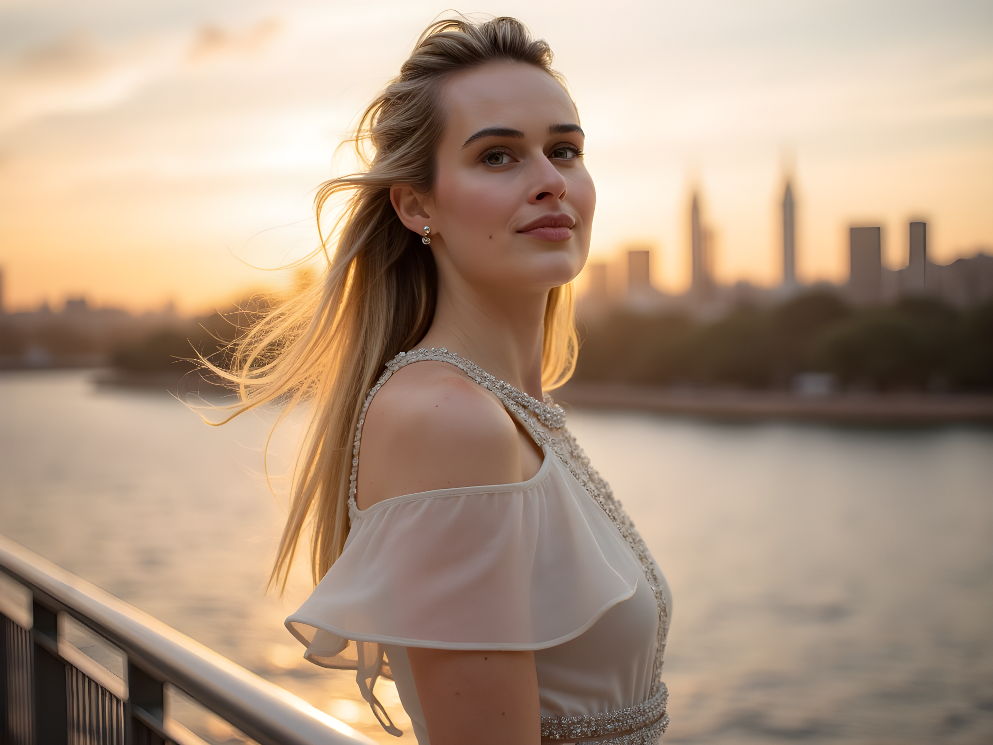 A striking portrait of a 28-year-old female model, embodying the urban vibrancy of Sydney. She stands confidently on the iconic Sydney Harbour Bridge, with the sun setting in the background, casting a warm, golden hue across the scene. Draped in a flowing, asymmetrical ivory chiffon dress embellished with hand-stitched lace details that flutter in the breeze, she reflects the effortless sophistication of contemporary Australian fashion. Her tousled hair, reminiscent of beach waves, frames her face with a natural glow, while bold statement earrings add a modern edge. The pose captures her in motion, as she gazes thoughtfully towards the horizon, evoking a sense of wanderlust and freedom. The composition marries the city's stunning architecture with her ethereal presence, creating a harmonious visual narrative that celebrates both nature and urban life.