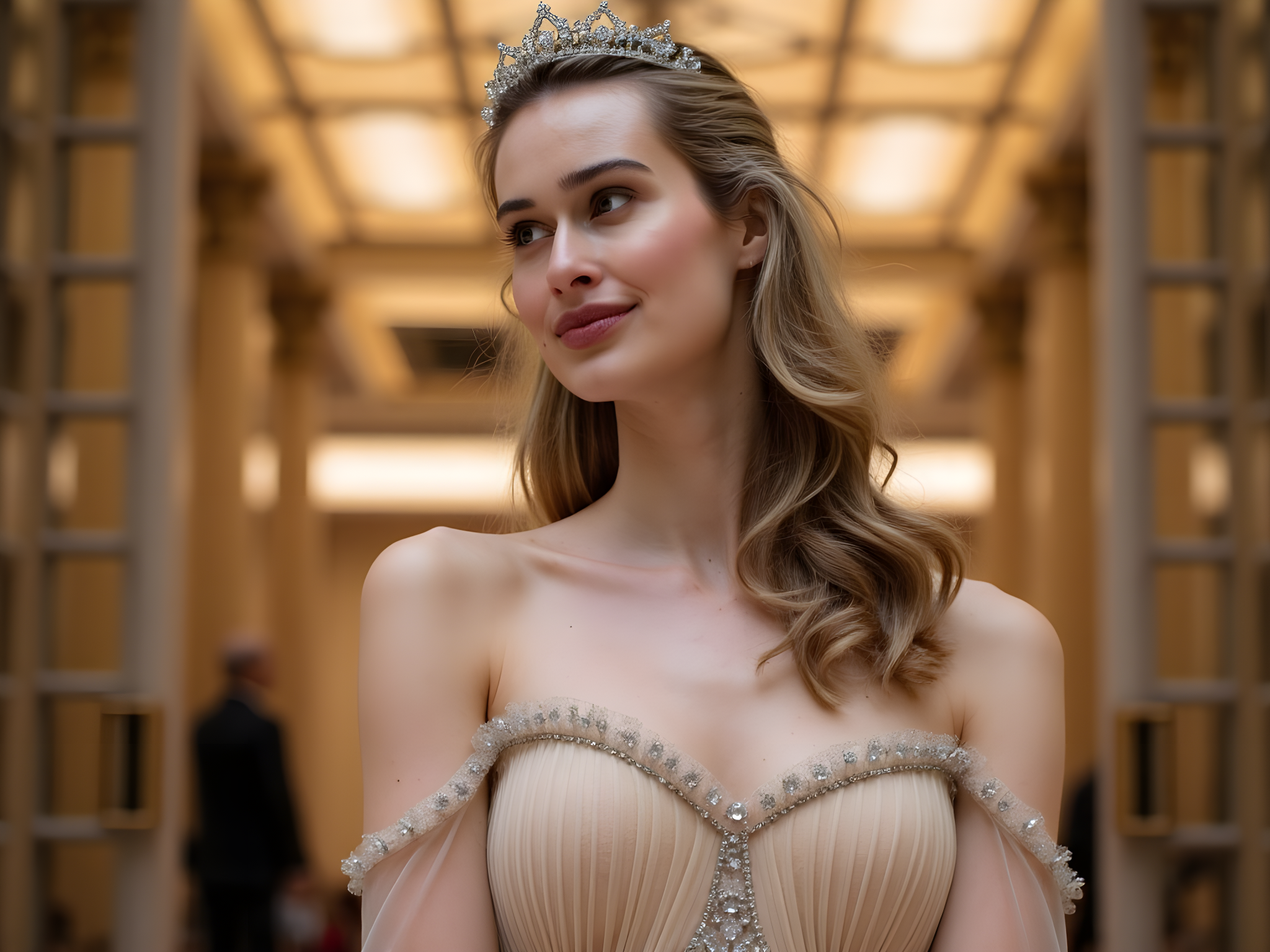 A captivating portrait of a 28-year-old female figure, poised gracefully at the grand entrance of an opulent opera house. She is adorned in a show-stopping, floor-length gown crafted from layers of shimmering champagne chiffon, which cascade elegantly to the floor. The gown features intricate hand-pleated bodice details and delicate, off-the-shoulder tulle sleeves that evoke a sense of timeless elegance. Her hair, styled in soft waves, cascades seductively over one shoulder, while a vintage diamond tiara enhances her regal aura. The background is filled with the architectural splendor of the opera house, illuminated by soft, golden lighting that highlights the ornate carvings and luxurious interiors. This atmospheric setting creates a narrative of grandeur, romance, and cultural sophistication, making her the embodiment of a modern-day muse.
