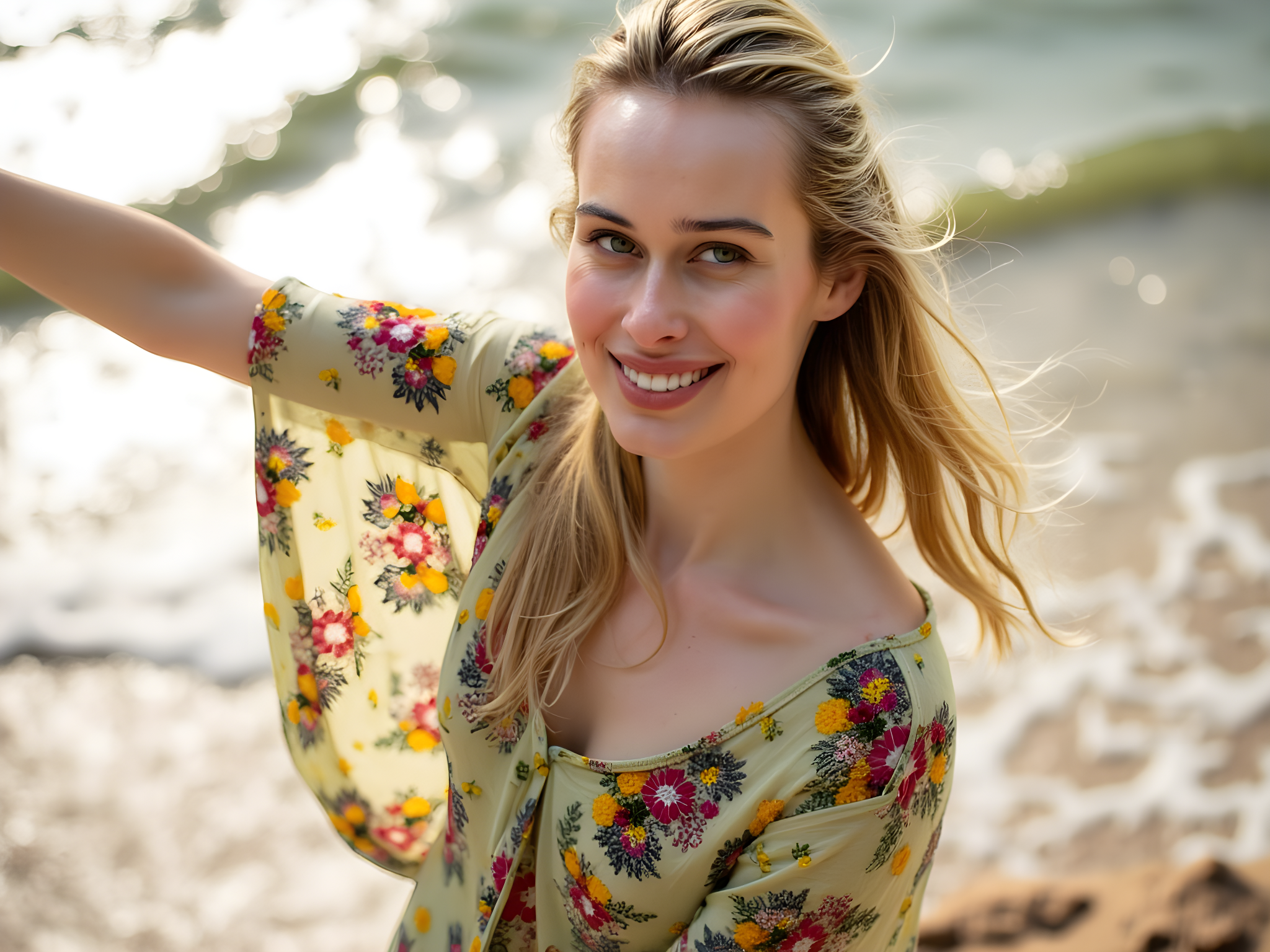 A vibrant and spirited female model, aged 28, embodies the essence of Brazilian culture in a sun-kissed beach setting. Draped in a swirling array of colorful chiffon and lightweight cotton layers, her attire channels the joyful energy of Carnaval. The dress features intricate hand-embroidered floral patterns in vivid hues of emerald, cerulean, and marigold that dance with the ocean breeze. Her hair flows in beachy waves adorned with tropical flowers, amplifying her sun-kissed glow. The sun casts a golden hue, enhancing the shimmering ocean waves that stretch behind her, creating a dreamy backdrop. She poses gracefully with one arm outstretched toward the sky, radiating confidence and delight, evoking a sense of freedom and celebration that encapsulates the spirit of Brazil.