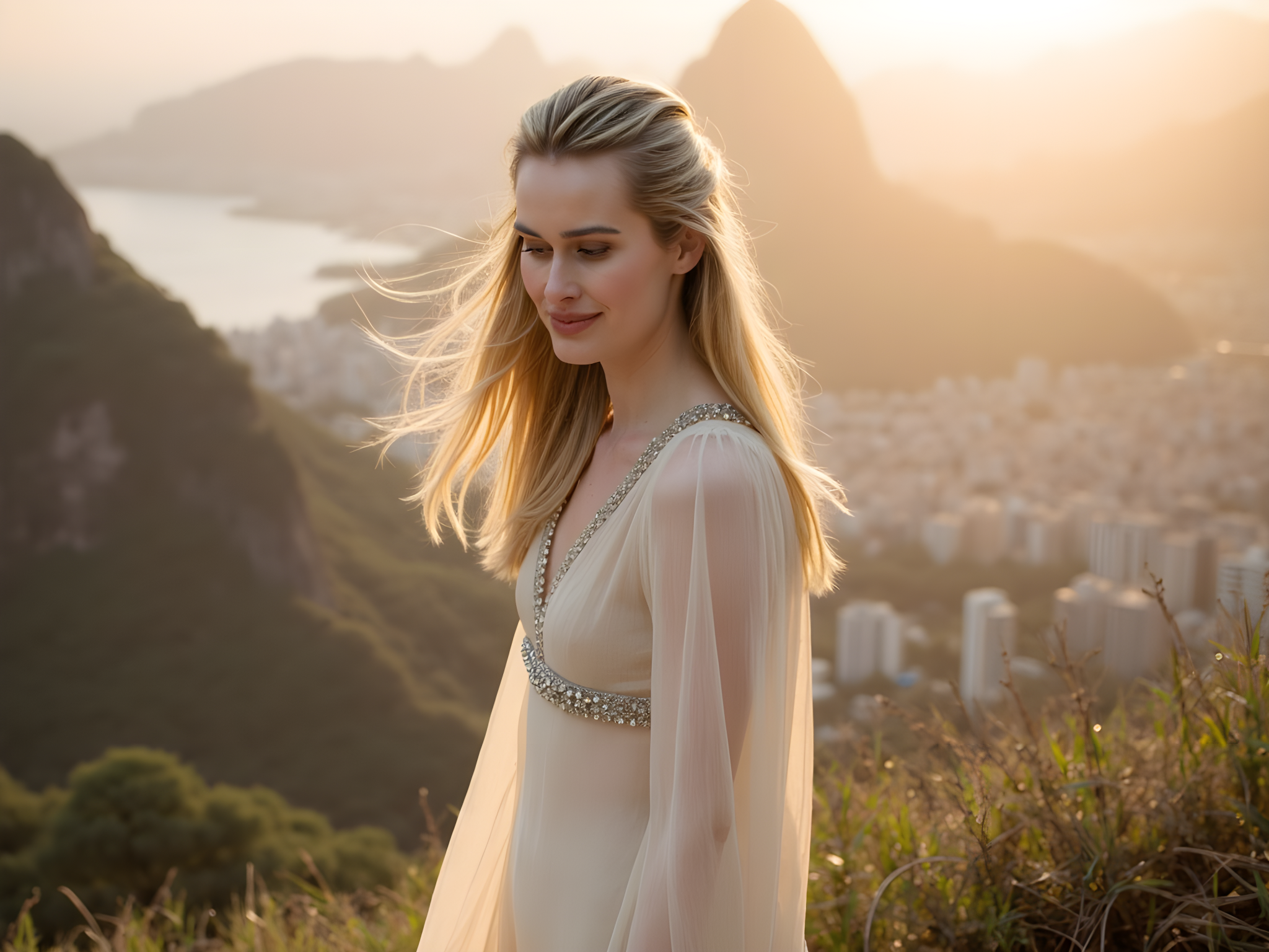A striking female figure, aged 28, embodies the serene and powerful essence of Christ the Redeemer while standing atop a lush, mountainous landscape. Draped in a flowing, ethereal gown crafted from chiffon georgette, the fabric cascades around her like a soft cloud, echoing the majestic arms of the iconic statue. The gown features delicate layers in shades of ivory and soft gold that catch the sunlight, creating a luminous halo effect. Her long hair, reminiscent of flowing tendrils, dances gently in the breeze, framing her tranquil face, which exudes a sense of peace and compassion. The backdrop is an awe-inspiring panoramic view of Rio de Janeiro, with its vibrant hills and urban expanse. The dramatic lighting, enhanced by the setting sun, casts a warm golden hue, emphasizing her divine presence and connecting her spirit to the iconic imagery of hope and salvation. This editorial concept captures the essence of grace and empowerment, inviting viewers to reflect on themes of spirituality and unity.