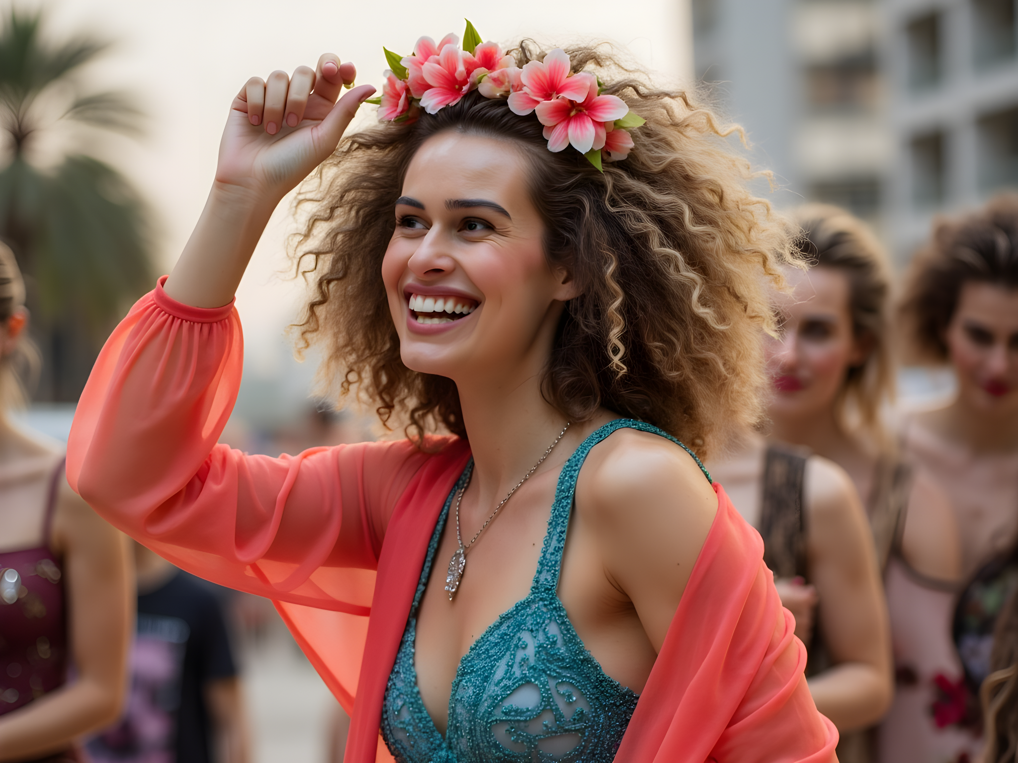A vibrant and spirited female figure, aged 28, set against the colorful backdrop of a bustling Rio de Janeiro street festival. She embodies the essence of Brazilian samba, dressed in a dazzling ensemble of tropical hues—an intricately bead-embroidered bodysuit in shades of azure and coral, layered with a flowing, sheer cape that swirls around her like a carnival flag. Her hair is styled in bold, voluminous curls, adorned with a crown of exotic flowers that echo the spirit of the jungle. The lighting is golden hour, casting a warm glow that enhances her sun-kissed skin. Her pose is dynamic and inviting, one arm raised in joy while the other holds a vibrant tambourine, twirling amid the dance and rhythm of the festival. The atmosphere is charged with color, music, and celebration, projecting the magnetic allure of a carioca goddess in her element, capturing the exuberance of Brazil’s cultural tapestry.