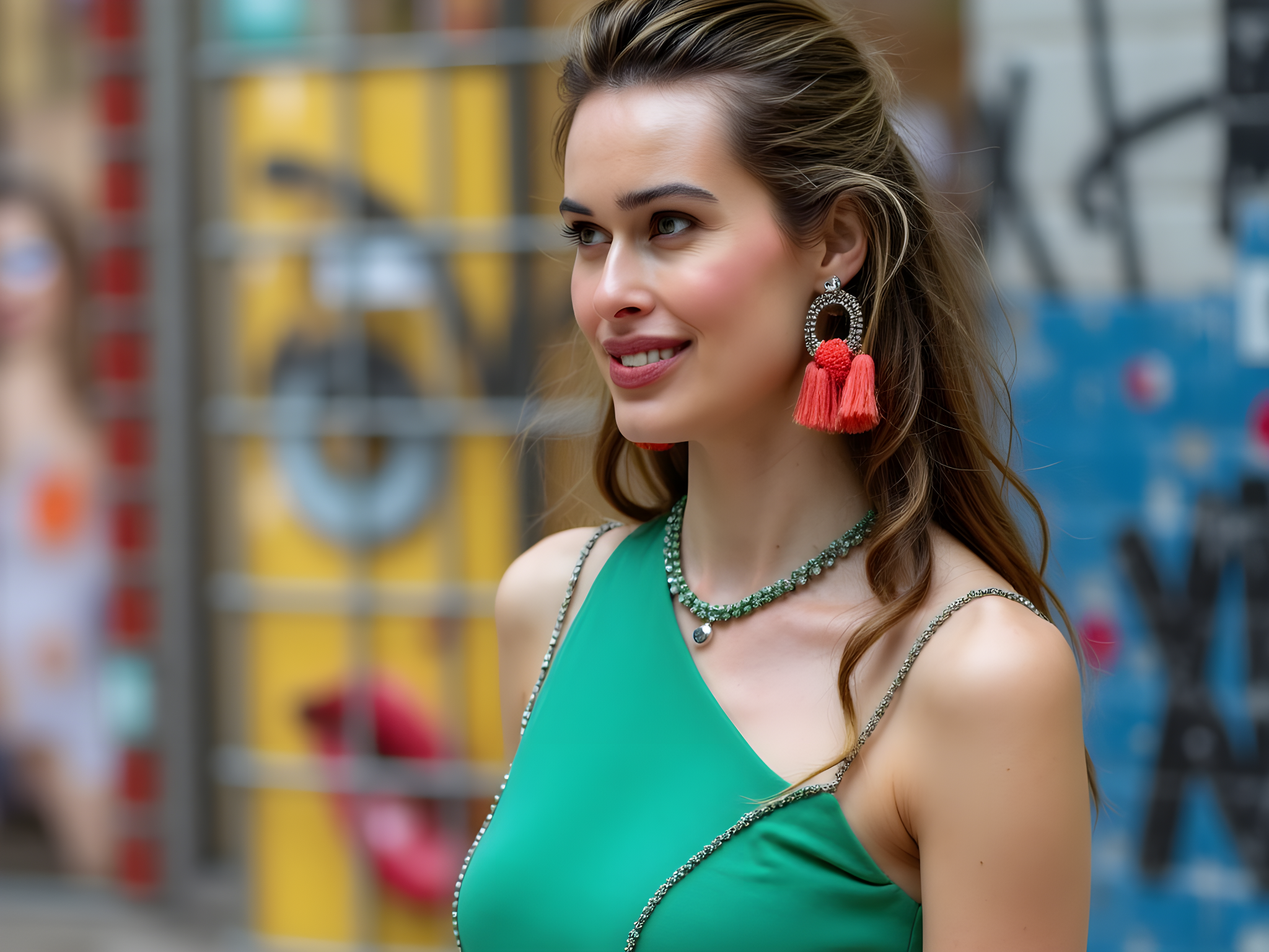 A captivating portrait of a 28-year-old female figure, embodying the vibrant spirit of São Paulo. She stands in a bustling street adorned with colorful street art, wearing a contemporary asymmetric dress that flows fluidly in shades of tropical emerald and vivid coral. The fabric, made of lightweight chiffon georgette, plays with the urban breeze, while bold accessories—oversized geometric earrings and layered bangles—add a modern edge. Her natural curls cascade over her shoulders, framing a radiant face of confident expression, the eyes sparkling with energy. The composition utilizes bright, natural light to enhance the vividness of her attire and the surrounding graffiti, juxtaposed against the city's textured architecture. This scene encapsulates the lively essence and cultural richness of São Paulo, capturing a moment of fashion intertwined with urban life.