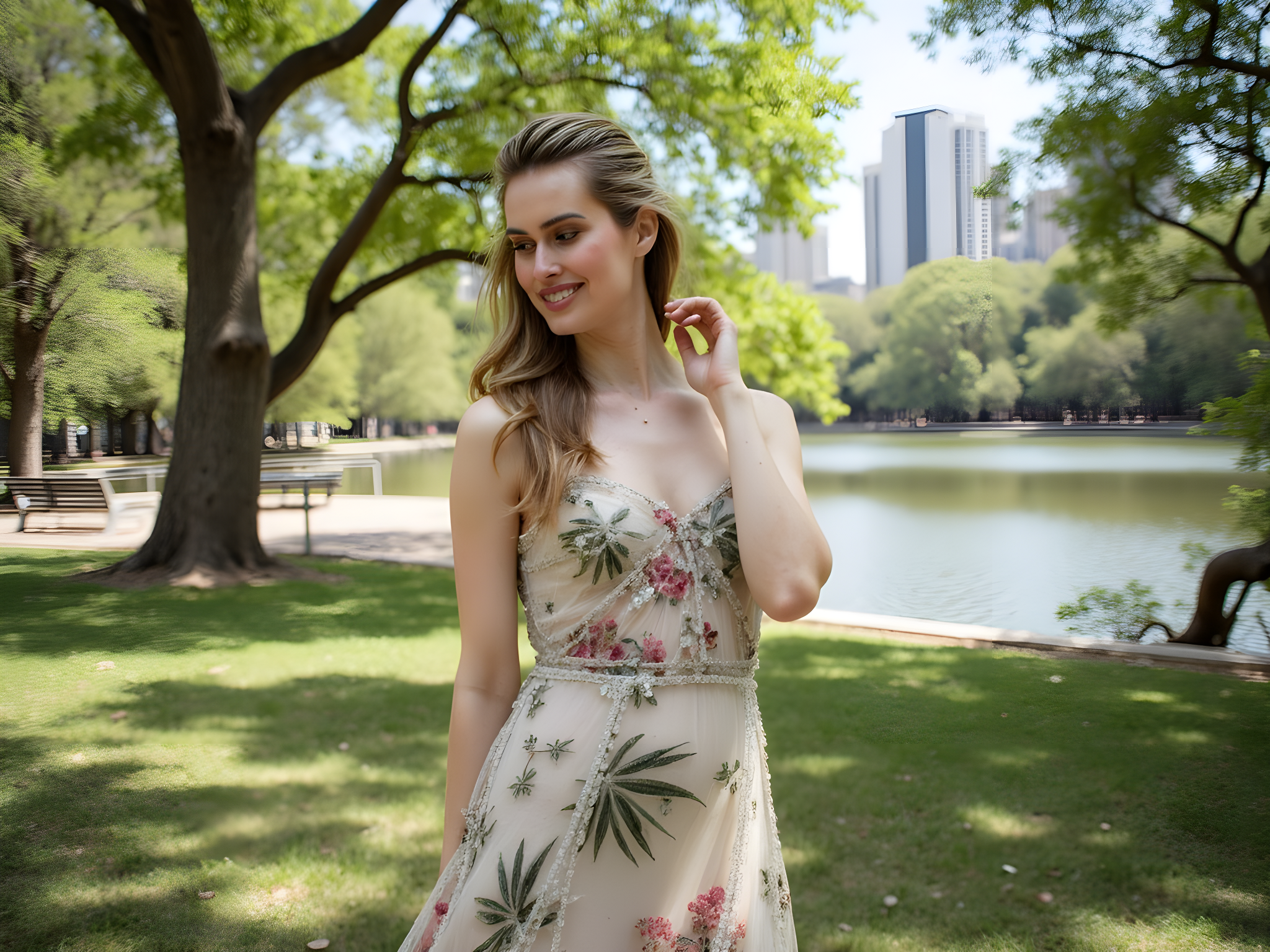 A striking female figure, aged 28, stands in the vibrant heart of Ibirapuera Park, draped in a flowing, botanical-printed chiffon gown that flutters like petals in the gentle breeze. The dress, with its intricate layers and ethereal silhouette, reflects the lush greenery surrounding her. Sunlight filters through the park's iconic trees, casting dappled shadows on her skin, emphasizing the freshness of spring. Her hair, styled in loose waves, catches the light and frames her serene face, evoking a sense of harmony with nature. The backdrop features the park’s lake, where reflections of the city’s skyline intermingle with the serene landscape, creating a juxtaposition of urban and natural beauty. Her pose, relaxed yet confident, evokes a modern muse, embracing the serenity of self among the vibrancy of life in motion. The palette of greens, blues, and soft neutrals assists in capturing a moment of tranquility amidst the bustling energy of Sao Paulo.