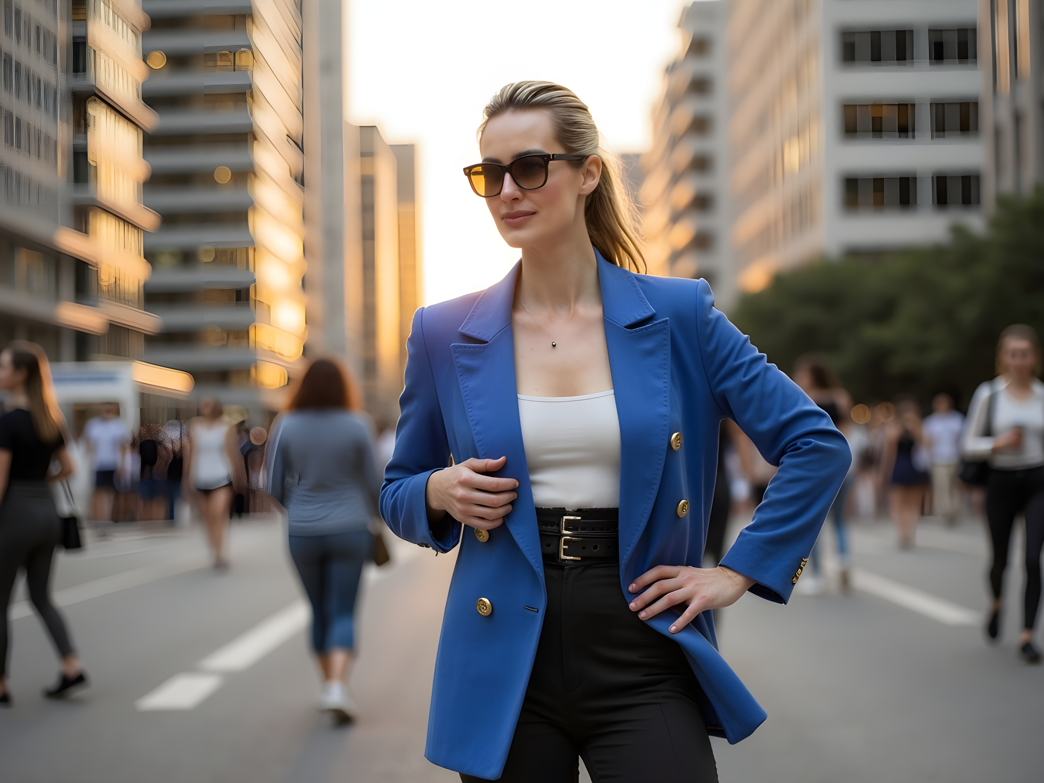 A striking 28-year-old woman exudes effortless chic on São Paulo's iconic Paulista Avenue, embodying the vibrant energy of urban Brazil. She dons a tailored, asymmetrical blazer in electric blue mikado silk, paired with high-waisted, black wide-leg trousers that flow gracefully, creating a modern silhouette. Her oversized sunglasses reflect the cityscape, while delicate gold hoop earrings add a touch of glamour. The lighting is golden hour, casting a soft, warm glow that illuminates the soft contours of her face, enhancing the natural luminosity of her skin. In the background, the bustling city life unfolds, with pedestrians and towering skyscrapers, adding a dynamic layer to the composition. She stands poised, one hand on her hip, with an air of confidence that echoes the sisterhood of the city’s women. This image captures the essence of modern femininity amid the rich cultural fabric of São Paulo, reminding viewers of the eternal dance between style and urban life.
