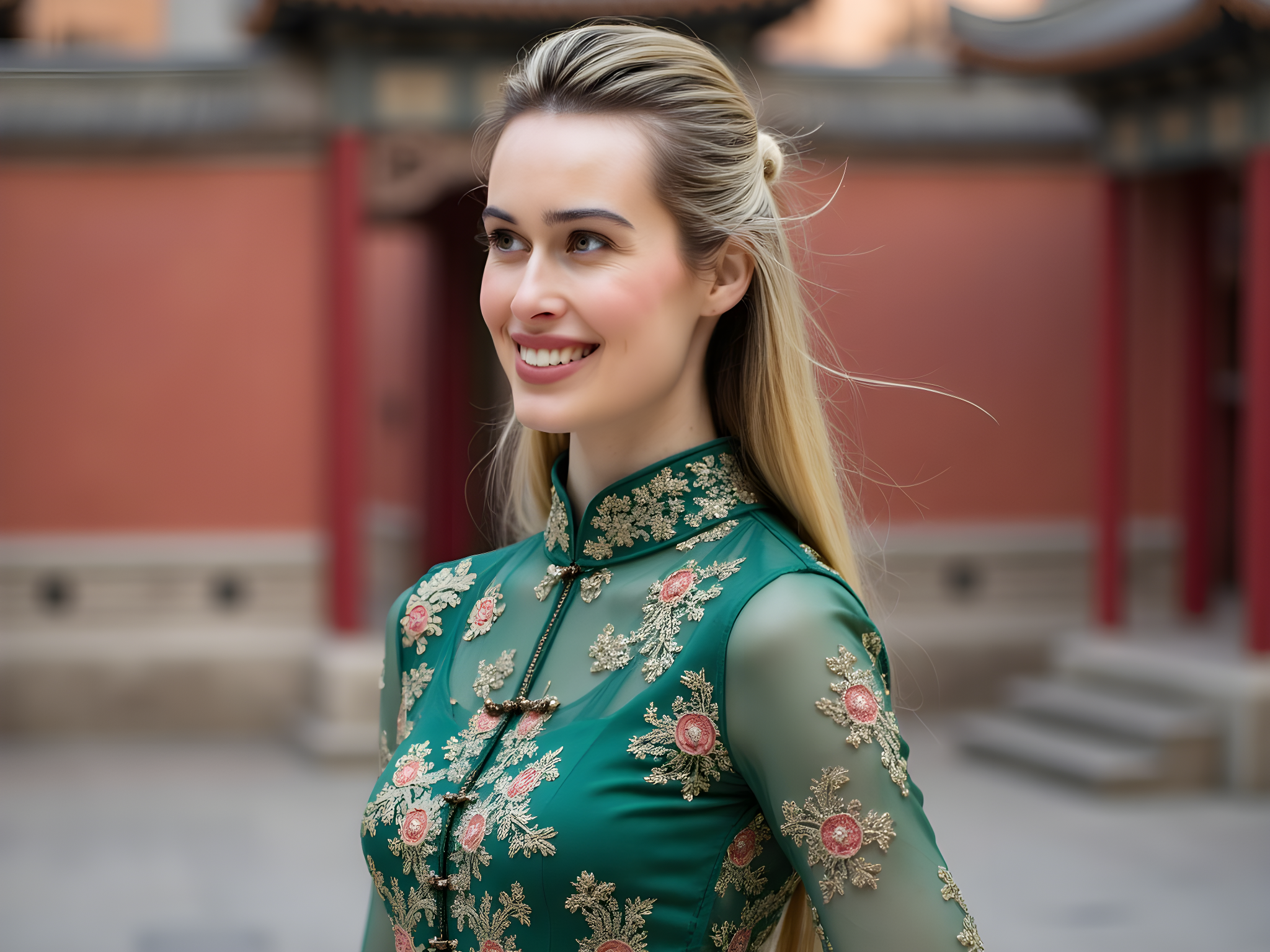 A captivating portrait of a 28-year-old female model, embodying the ethereal grace of a modern-day empress against the backdrop of Beijing's historical architecture. She wears a floor-length, hand-embroidered silk qipao in a rich jade green, the intricate floral motifs glimmering like treasures under soft, diffused golden hour light. The dress boasts a high collar with delicate mandarin buttons and a figure-hugging silhouette that flares softly at the hem, exuding both tradition and contemporary elegance. Her long, flowing hair, adorned with ornamental hairpins, cascades over one shoulder, framing her delicate features. Poised against the ornate details of a traditional courtyard, the composition employs the rule of thirds, with negative space accentuating her regal presence. The image speaks of cultural heritage fused with modernity, capturing the essence of Beijing's rich narrative while radiating the timeless allure of femininity.