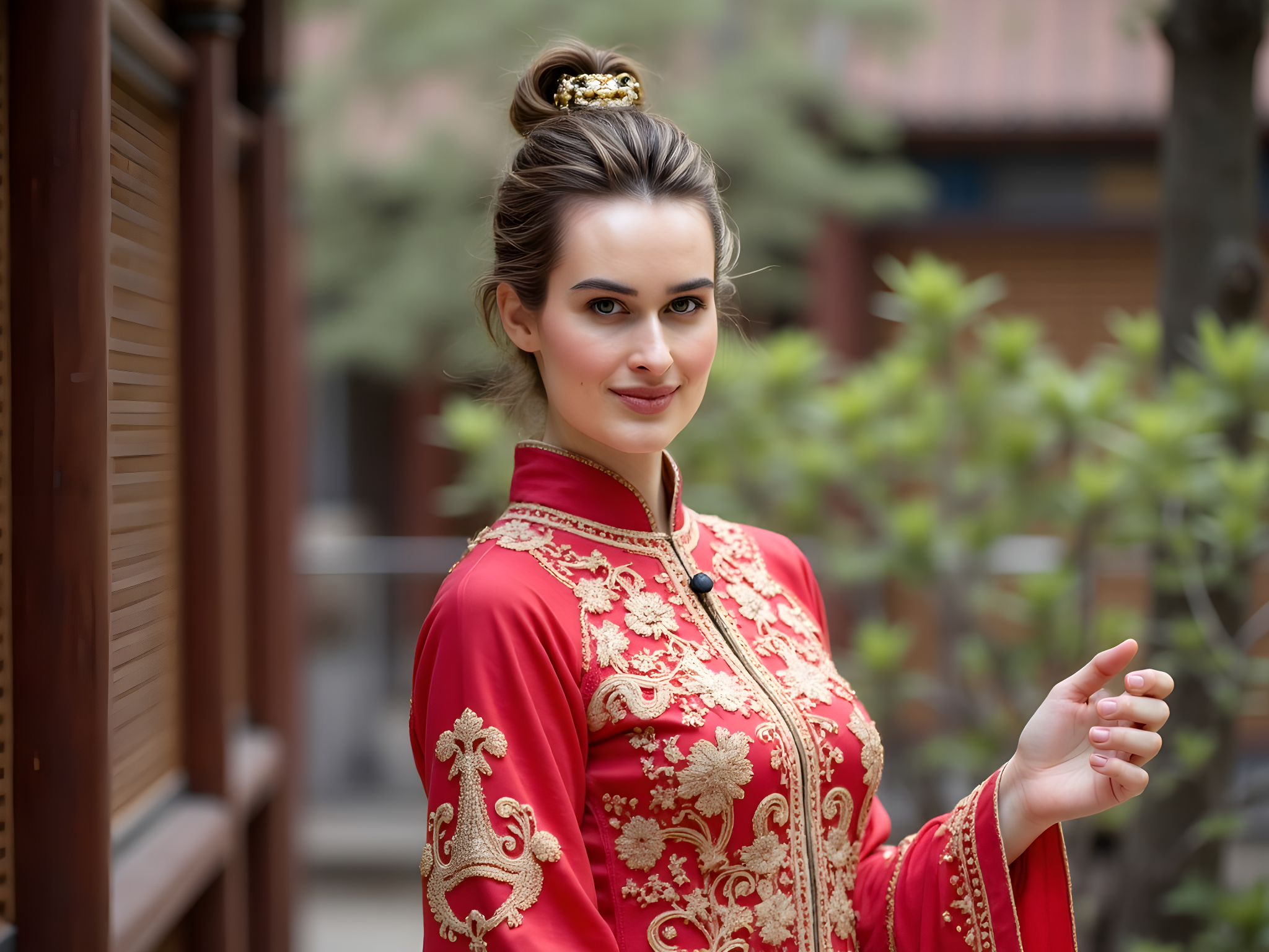 A striking female figure, aged 28, enveloped in the allure of ancient China's Forbidden City. She wears an exquisite handcrafted hanfu in rich crimson silk, adorned with gold brocade that whispers tales of emperors past. The fabric flows elegantly, with intricate phoenix embroidery cascading down the sleeves, evoking the spirit of the last dynasties. Her hair is styled in elaborate, traditional rolls decorated with delicate bloemen hairpins, reflecting the opulence of royal heritage. The setting features ornate wooden architecture of the Forbidden City, with gilded accents and lush greenery creating a vivid tapestry of history. The play of light and shadow casts an ethereal glow, emphasizing her graceful pose—one hand delicately outstretched, as if inviting the viewer into this majestic world. This image captures not just beauty, but the essence of a woman who embodies the wisdom and mystery of a bygone era, radiating both power and vulnerability.