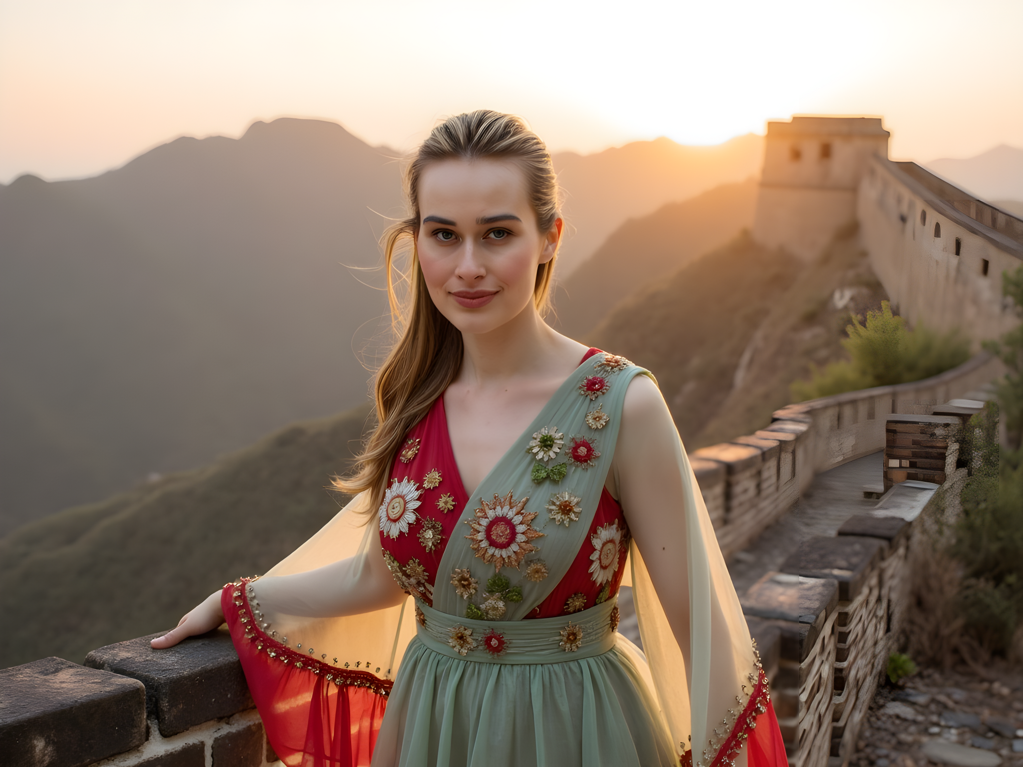 A striking 28-year-old woman, embodying the spirit of adventure and resilience, stands at the iconic Great Wall of China, wrapped in a flowing, asymmetrical gown crafted from sheer chiffon georgette that dances with the wind. The dress, in rich shades of jade and deep crimson, pays homage to the natural landscape, with intricate embroidery reminiscent of traditional Chinese patterns. Her long, dark hair cascades in loose waves, adorned with delicate, handmade hairpins that reflect ancient artistry. The backdrop of the ancient wall, with its rugged stones and lush mountains, creates a stunning juxtaposition against her ethereal presence. Captured in the golden hour, soft, diffused light illuminates her features and casts long shadows that evoke a sense of timelessness. In her pose, slightly turned with one hand raised as if reaching out towards the horizon, she conveys a sense of quiet determination and the profound beauty of cultural heritage, inviting viewers to journey alongside her.