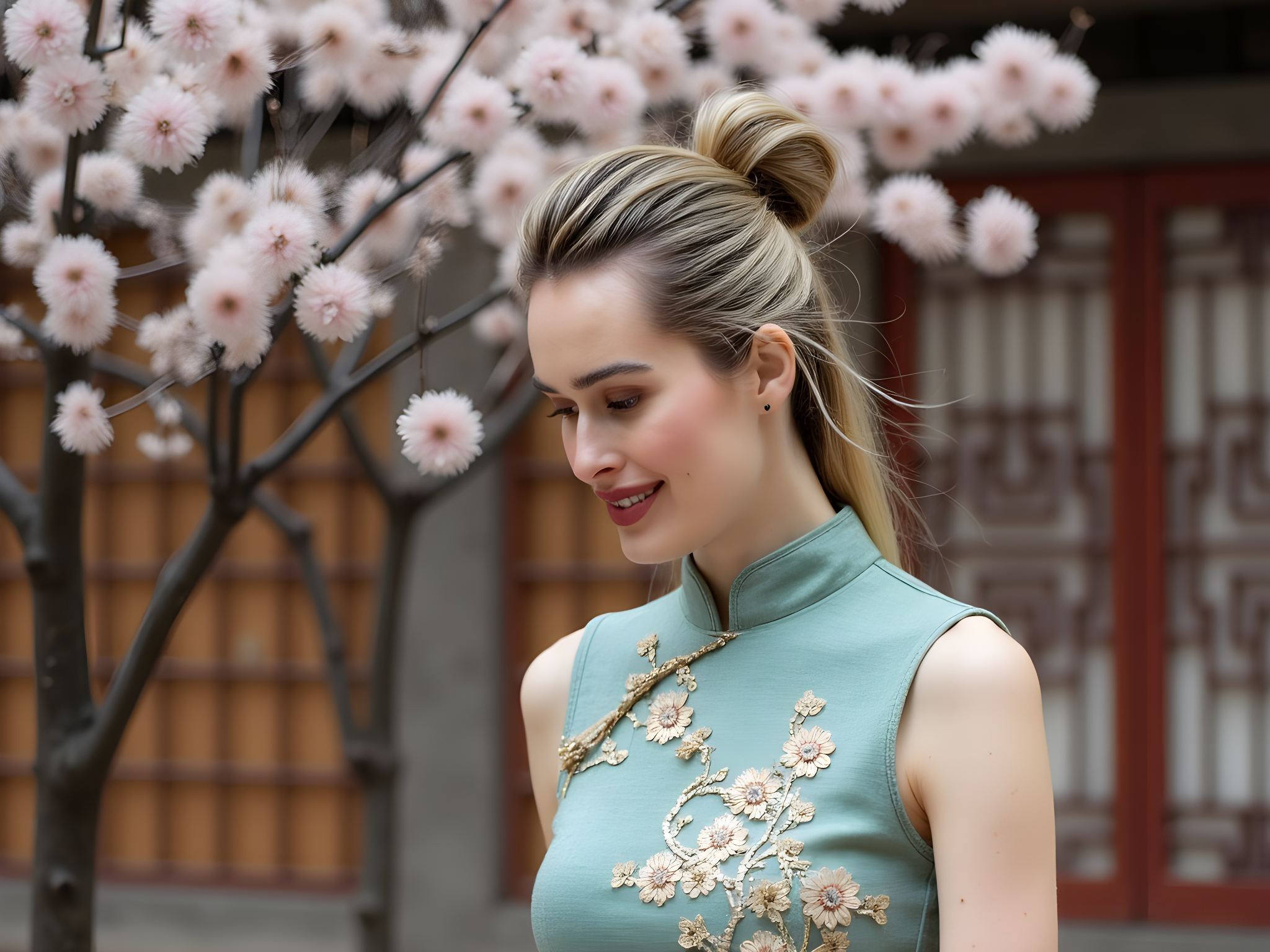 A striking female model, aged 28, embodying the essence of contemporary China, stands poised in a traditional courtyard adorned with blossoming cherry trees and intricate wooden screens. She is dressed in a modernized qipao crafted from silk brocade in a rich jade hue, detailed with hand-embroidered golden peonies that shimmer in the soft sunlight. The gown hugs her silhouette with elegant princess seams and features a high mandarin collar, merging tradition with high fashion. Her hair is styled in a sleek chignon, accented with delicate hairpins resembling lotus flowers, while her makeup embraces a bold red lip and flawlessly radiant skin, highlighting her impeccable features. Captured in a thoughtful pose, her gaze is directed softly downward, evoking a sense of introspection and cultural pride. The composition utilizes natural lighting to enhance the vibrant colors and textures, creating a serene yet powerful image that celebrates modern Chinese femininity.