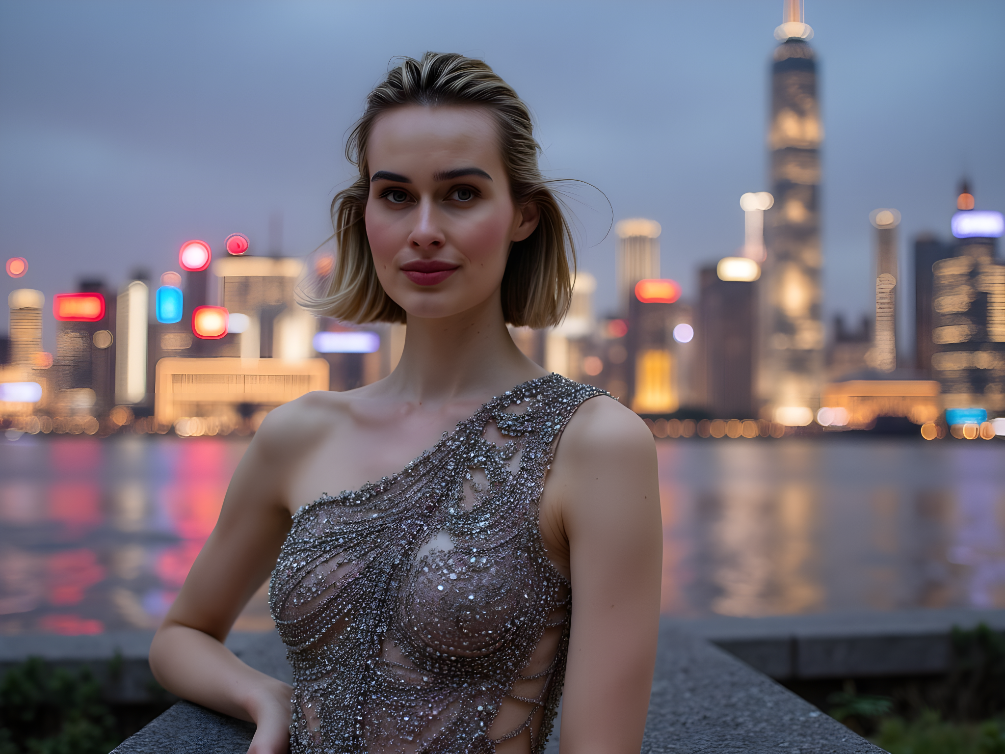 A striking 28-year-old female model, exuding the essence of modern Shanghai, stands poised against the backdrop of the city's dazzling skyline at dusk. She wears an avant-garde, asymmetrical dress crafted from iridescent silk that mirrors the vibrant colors of the neon lights, featuring intricate hand-embroidered details that glimmer under the setting sun. Her hair is styled in a sleek bob, echoing the stylish sophistication of the city, while bold, graphic eyeliner accentuates her almond-shaped eyes. The pose is dynamic, one arm extended gracefully, as if inviting the viewer into her world, embodying both the energy and elegance of Shanghai's fusion of tradition and futurism. The atmosphere is electric, capturing the symbiotic relationship between a bustling metropolis and the timeless elegance of its inhabitants. Lighting plays a crucial role, with the city lights creating a dreamy halo around her, emphasizing her striking silhouette amidst the vibrant urban landscape.