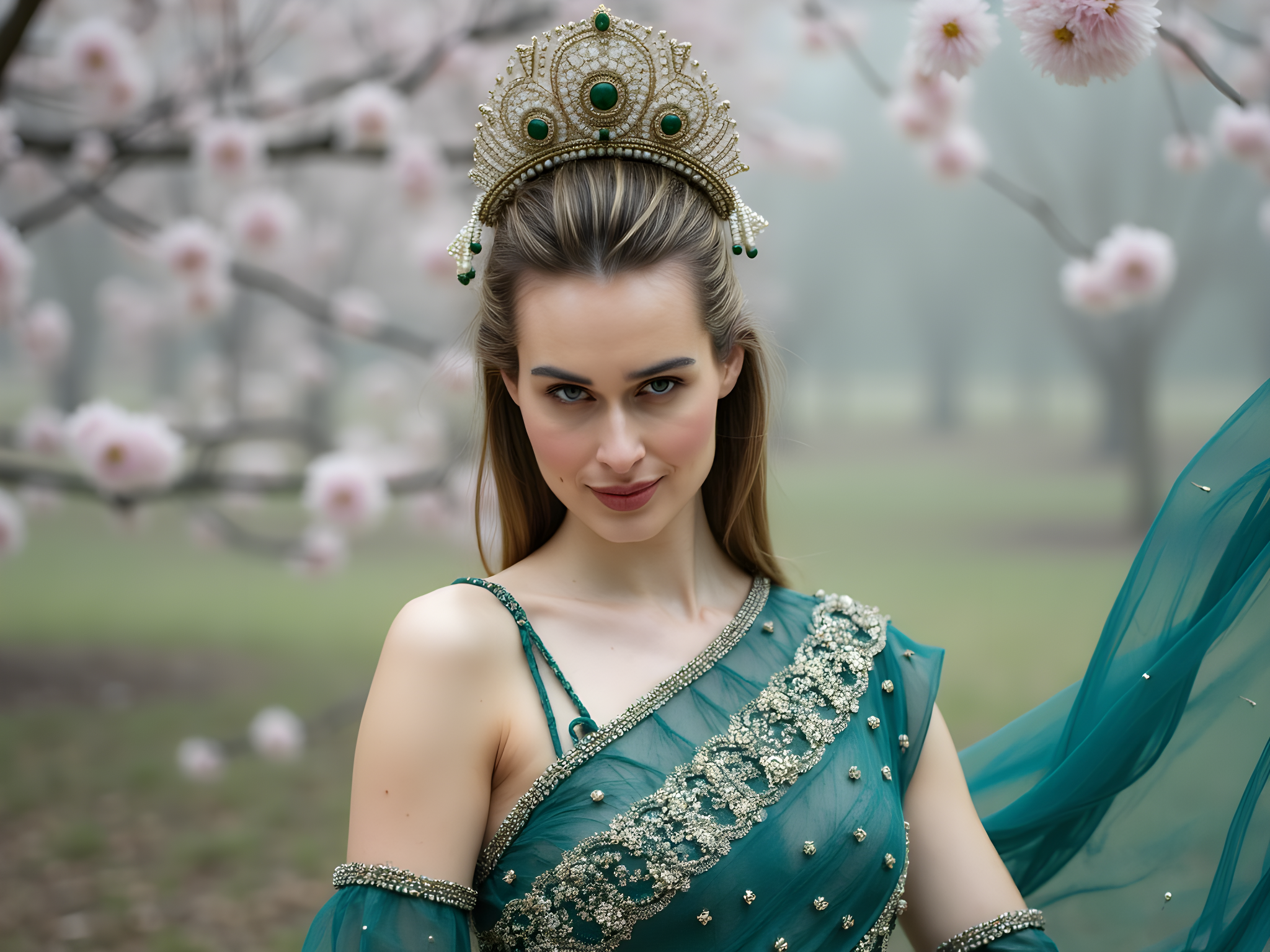 A captivating female figure, aged 28, embodies the mysterious allure of an Eastern princess. Draped in an opulent, floor-length gown crafted from shimmering silk chiffon in deep jade, the dress features intricate hand-embroidered gold thread work, resembling delicate peacock feathers. The gown's fitted bodice seamlessly transitions into a flowing skirt, layered with ethereal tulle, creating an enchanting silhouette that sways with every movement. Adorning her head is an ornate gold headdress, embellished with pearls and jade stones, evoking the essence of ancient royalty. Her skin glows softly under Rembrandt lighting, creating deep, dramatic shadows that accentuate her high cheekbones and almond-shaped eyes, which are accentuated with a smoky palette. She poses against a backdrop of a serene, misty landscape with cherry blossoms gently falling, embodying both grace and strength. This tableau captures the heart of Eastern sophistication, celebrating beauty with a contemporary twist, perfect for an editorial spread in a luxury fashion magazine.