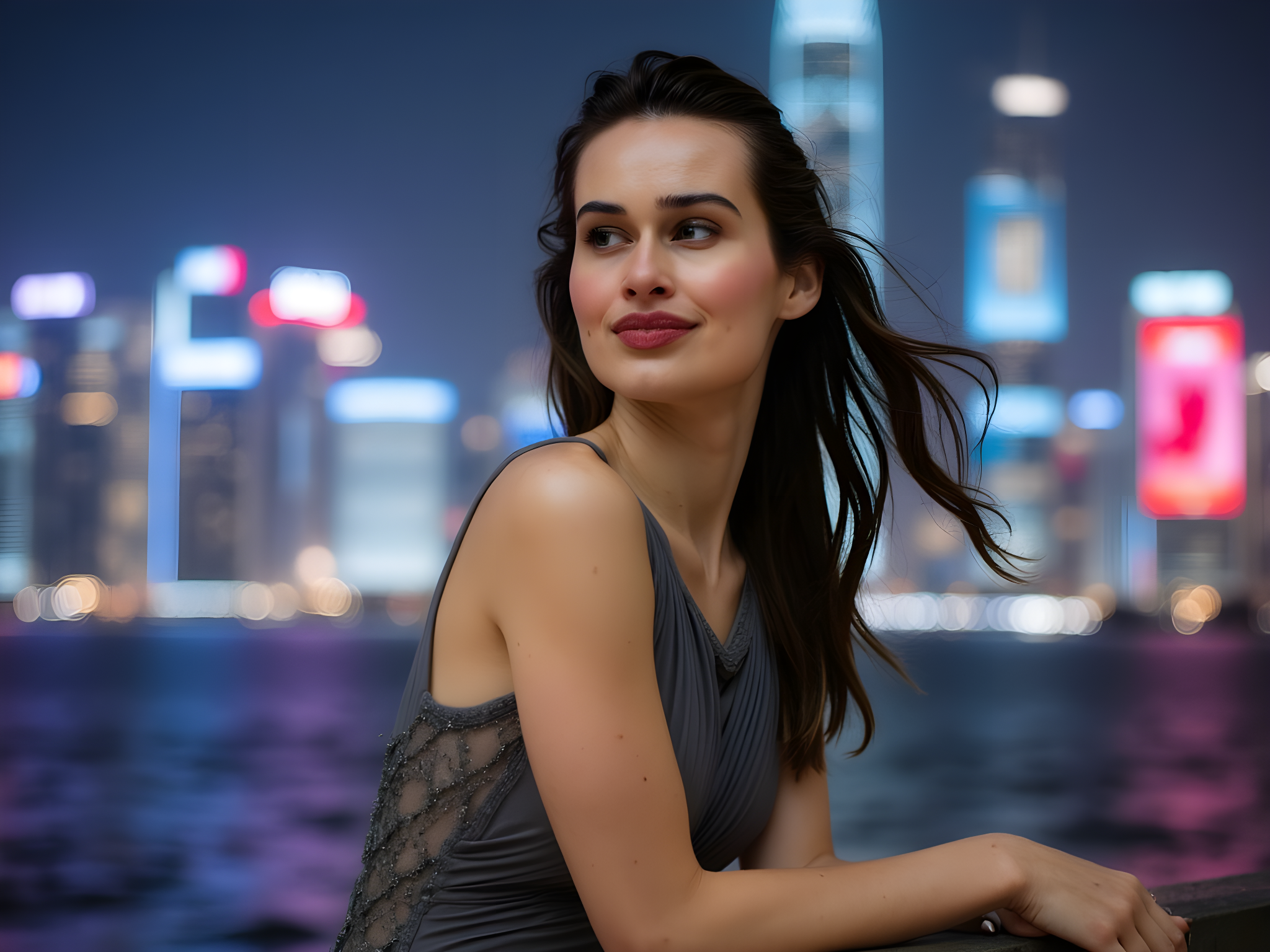 A poised female figure, aged 28, captured at The Bund in Shanghai, embodying the grace and sophistication of cosmopolitan elegance. She wears a form-fitting, slate grey chiffon gown that effortlessly drapes over her silhouette, featuring intricate hand-pleated detailing at the bodice that echoes the city's fusion of tradition and modernity. The gown's asymmetrical hemline flutters gently in the evening breeze, revealing strappy silver heels that catch the ambient light. Her dark, cascading hair, styled in soft waves, frames a face adorned with luminous skin and a bold scarlet lip—an homage to the city’s vibrant nightlife. In the background, the iconic skyline glimmers, illuminated in a wash of neon blues and purples, creating a stunning contrast that captures the dynamic spirit of Shanghai. The composition employs negative space to draw the viewer’s eye to her presence, while a bokeh effect softens the cityscape, enhancing its magical allure. Emotional resonance lies in her confident, hopeful gaze directed toward the horizon, reflective of dreams and aspirations set against the backdrop of a bustling metropolis.