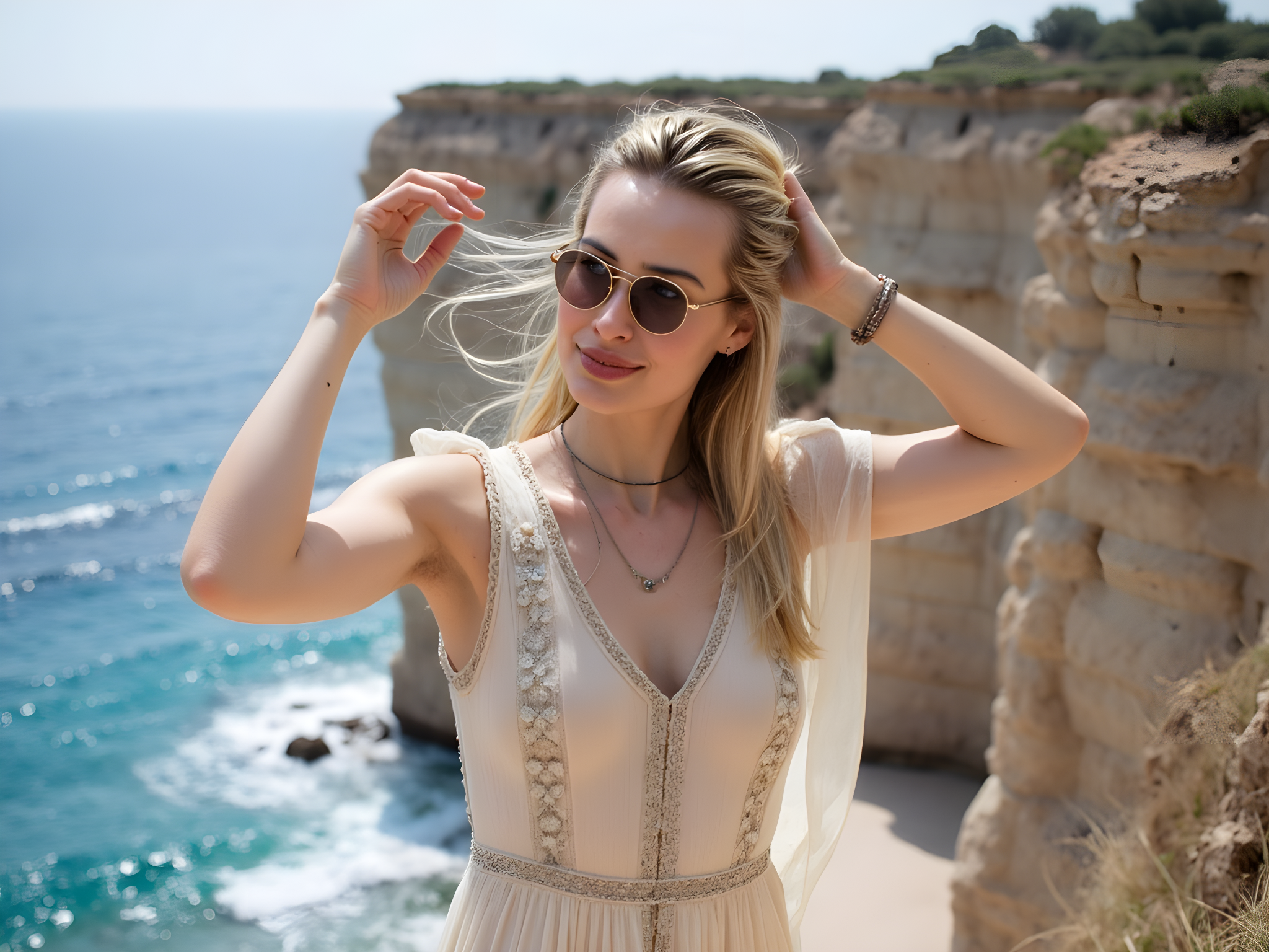 A striking 28-year-old female traveler, exuding effortless bohemian chic, stands atop a sun-kissed cliff overlooking the azure waves of the Mediterranean Sea. She wears a flowing, airy maxi dress in soft ivory chiffon that billows around her, adorned with delicate floral embroidery, perfectly capturing the carefree essence of summer. Her sun-kissed skin glows, highlighted by the golden sun, and she accessorizes with layered silver necklaces and oversized round sunglasses that evoke a sense of wanderlust and adventure. The wind catches her long, tousled hair, creating a dynamic flow that complements her spirited pose, one arm raised as if to embrace the horizon. The dramatic coastal landscape stretches behind her, with craggy cliffs and sparkling blue waters, where the sea meets the sky. The image is infused with the warmth and freedom of travel, inviting the viewer to dream of exploring hidden destinations and embracing life’s adventures.