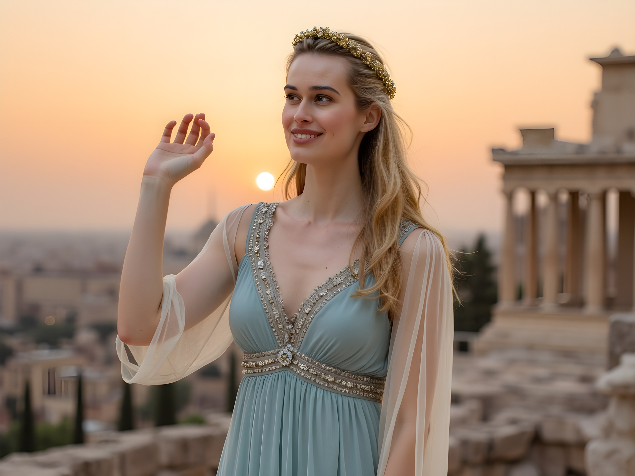 A striking female figure, aged 28, embodying the spirit of ancient Greece while standing majestically against the backdrop of the Acropolis. She is adorned in a flowing, ethereal gown made of layered chiffon, its soft hues reminiscent of the Aegean Sea — delicate shades of azure and ivory that dance in the Mediterranean breeze. The dress features intricate hand-embroidered motifs, echoing ancient Greek patterns, with a plunging neckline and flowing cape that billows like wings.
Her hair is styled in loose, cascading waves, adorned with a delicate gold laurel crown, symbolizing wisdom and victory. The pose embodies grace, with one arm elegantly raised as if reaching for the heavens, and the other resting gently on her hip, projecting a sense of regal authority. The late afternoon sun casts a warm, golden glow, illuminating her features and the ancient marble structures, creating a chiaroscuro effect that enhances the texture of both the fabric and the stone.
This composition emphasizes the harmonious relationship between the model and her historical surroundings, evoking feelings of awe and reverence, as if time has transcended. This image captures a timeless elegance, merging the present with the glory of classical antiquity.