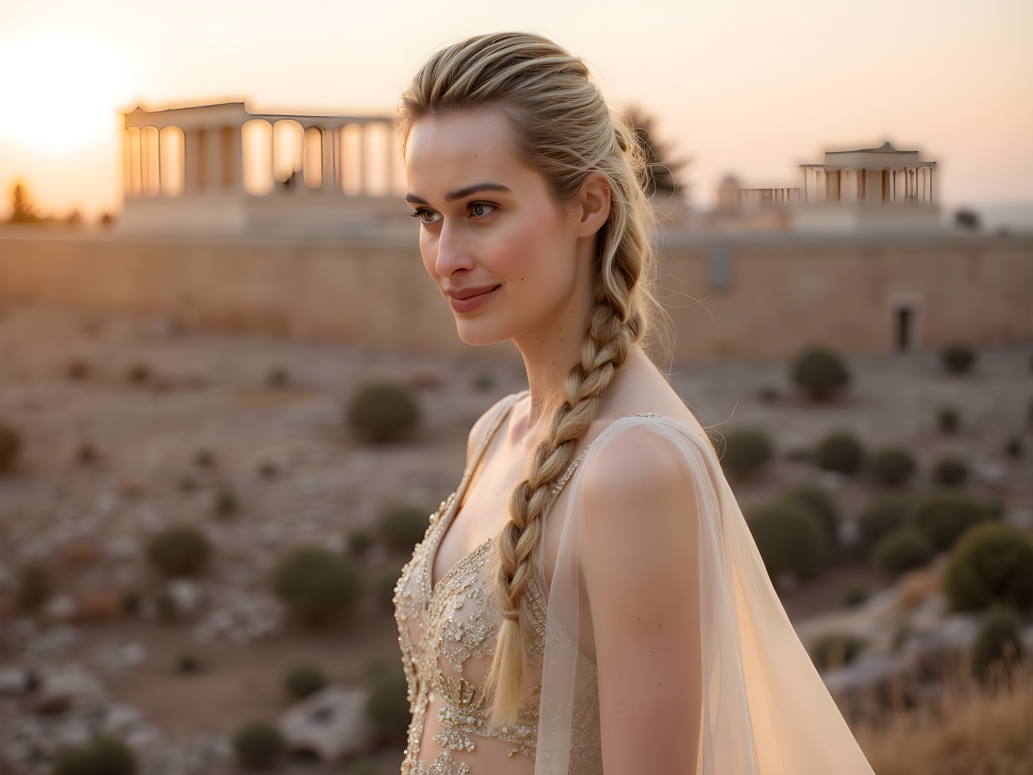 A striking 28-year-old woman, embodying the spirit of ancient Athens, stands poised atop the Acropolis. She wears a flowing, ivory chiffon gown that billows gently in the Mediterranean breeze, its ethereal layers evoking the drapery of classical Greek goddess attire. The gown features intricate gold embroidery along the neckline and hem, reminiscent of ancient Greek motifs, and an elegant train that trails like a river of silk behind her. Her hair is elegantly braided, adorned with delicate olive branches that enhance her connection to the historic setting.
With the Parthenon as her backdrop, the golden light of the setting sun casts a warm glow, creating a chiaroscuro effect that highlights her strong features and the graceful lines of her silhouette. The positioning follows the golden ratio, ensuring her form is harmoniously framed within the iconic architectural elements. Her gaze is distant and contemplative, capturing the wisdom and strength of Athena herself. This image relays not just beauty but the essence of timelessness, bridging the past and present in an arena that has stood for centuries.
The emotional resonance conveys a sense of empowerment and introspection, inviting the viewer to ponder their connection to history and femininity.