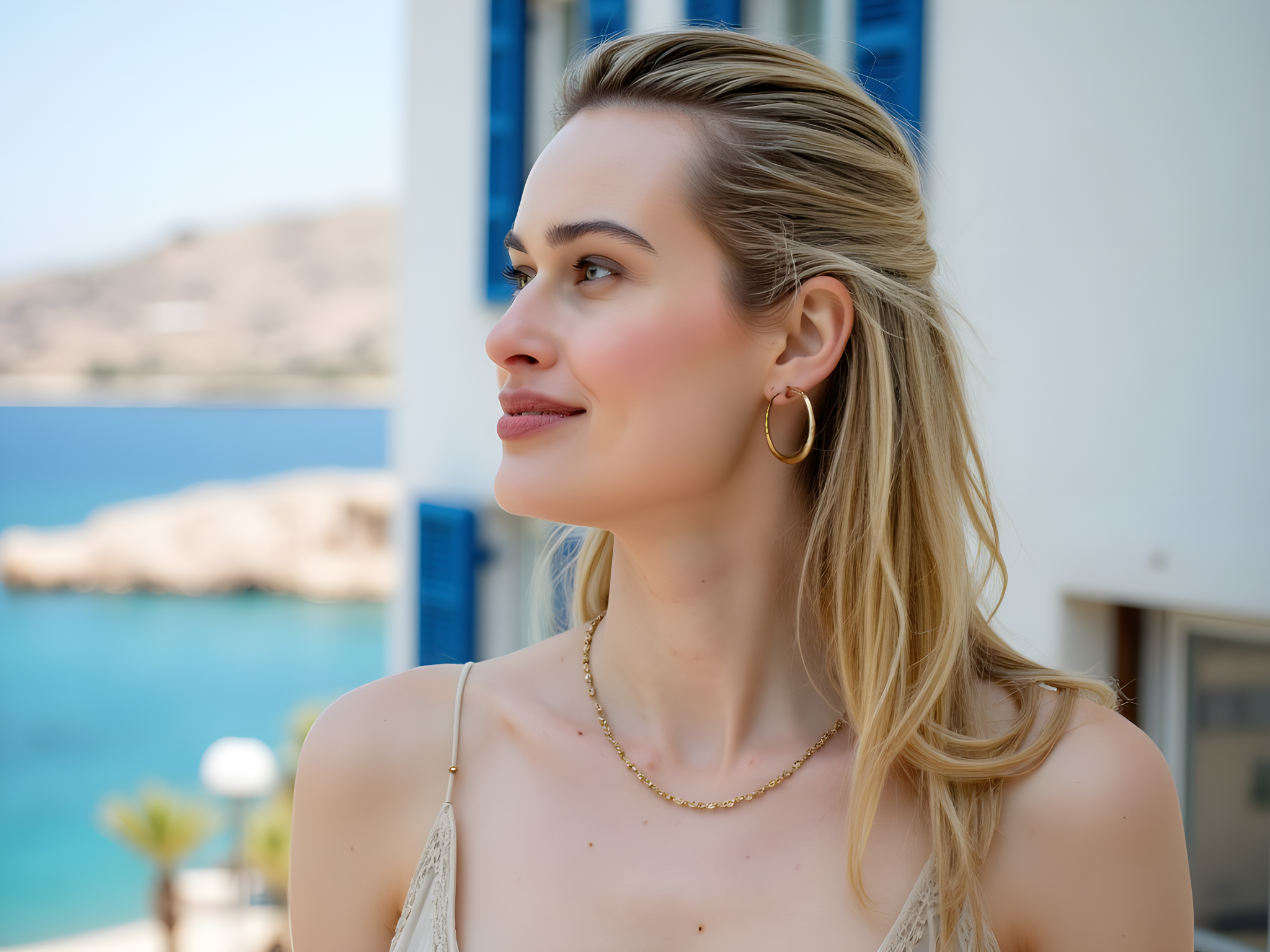 A sun-kissed female figure, aged 28, embodies the serene essence of summer in Mykonos, draped in a flowing, ivory chiffon maxi dress that dances with the gentle Mediterranean breeze. Her hair, tousled and sun-bleached, cascades around her shoulders like soft waves, framing her radiant face. Adorned in delicate gold jewelry—layered necklaces and oversized hoop earrings that catch the sunlight—she gazes out towards the azure sea. The backdrop features iconic whitewashed buildings with cobalt blue shutters that beautifully complement the vibrant setting. Captured in a moment of tranquil reflection, her pose is relaxed, yet elegant, with one arm resting lightly on a sun-drenched stone wall, evoking the dreamlike allure of effortless vacation glamour. The ambient light bathes her silhouette in a warm glow, enhancing the image’s romantic summer vibe.