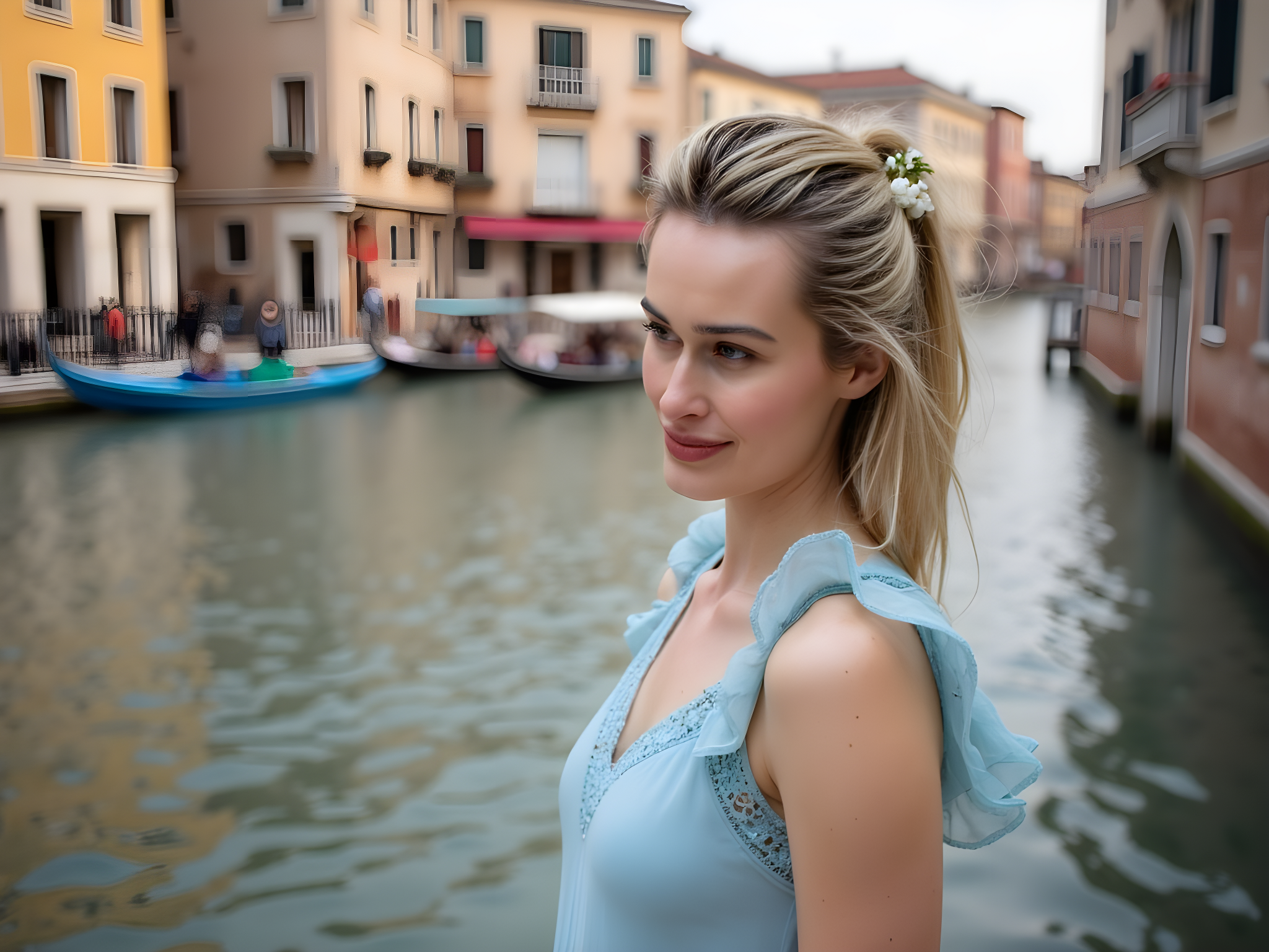 A captivating scene set in the enchanting Little Venice, capturing a 28-year-old woman embodying the essence of effortless chic. She stands gracefully at the edge of a tranquil canal, dressed in a flowy, pastel blue chiffon maxi dress that dances lightly with the breeze, the fabric shimmering like water under the afternoon sun. The dress features delicate lace detailing at the bodice and fluttery sleeves that mirror the rippling water. Classically styled hair falls in soft waves around her shoulders, subtly adorned with fresh, fragrant flowers. Her expression is playful yet contemplative, as she gazes thoughtfully at the colorful gondolas gliding by. The background showcases the iconic architecture of Little Venice, with vibrant house facades reflecting in the serene waters, creating a harmonious and picturesque setting. The soft golden hour lighting bathes the scene, casting a warm glow that enhances the dreamy atmosphere, making it a moment of timeless beauty.