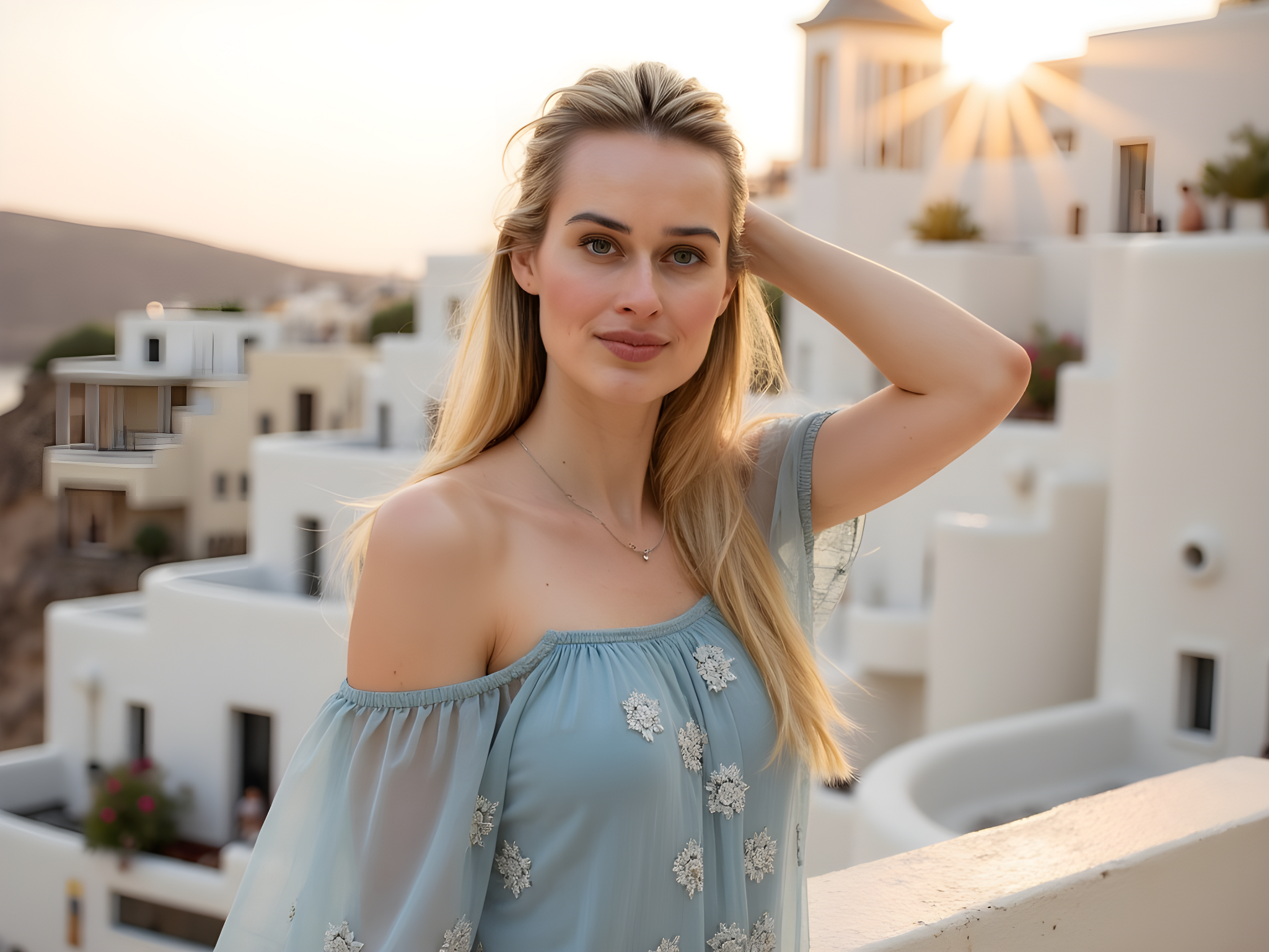 A stunning female figure, aged 28, elegantly poised against the breathtaking backdrop of Santorini's iconic whitewashed buildings. She is adorned in a flowing, off-the-shoulder gown made of lightweight chiffon in a soft azure hue, mirroring the expansive sky and Aegean Sea. The dress features delicate, hand-embroidered floral motifs that capture the essence of Mediterranean beauty. Her long, sun-kissed waves cascade over her shoulders, catching the golden rays of a setting sun. One hand rests lightly on a sun-drenched terrace, while the other gently shields her face from the sunlight, eyes sparkling with a mix of joy and enigma. The scene is bathed in soft, romantic lighting that highlights the architectural curves of the background while casting a warm glow on her skin, creating an ethereal atmosphere. The composition employs the rule of thirds, with sweeping views of the village in the background, providing a sense of place and cultural richness.