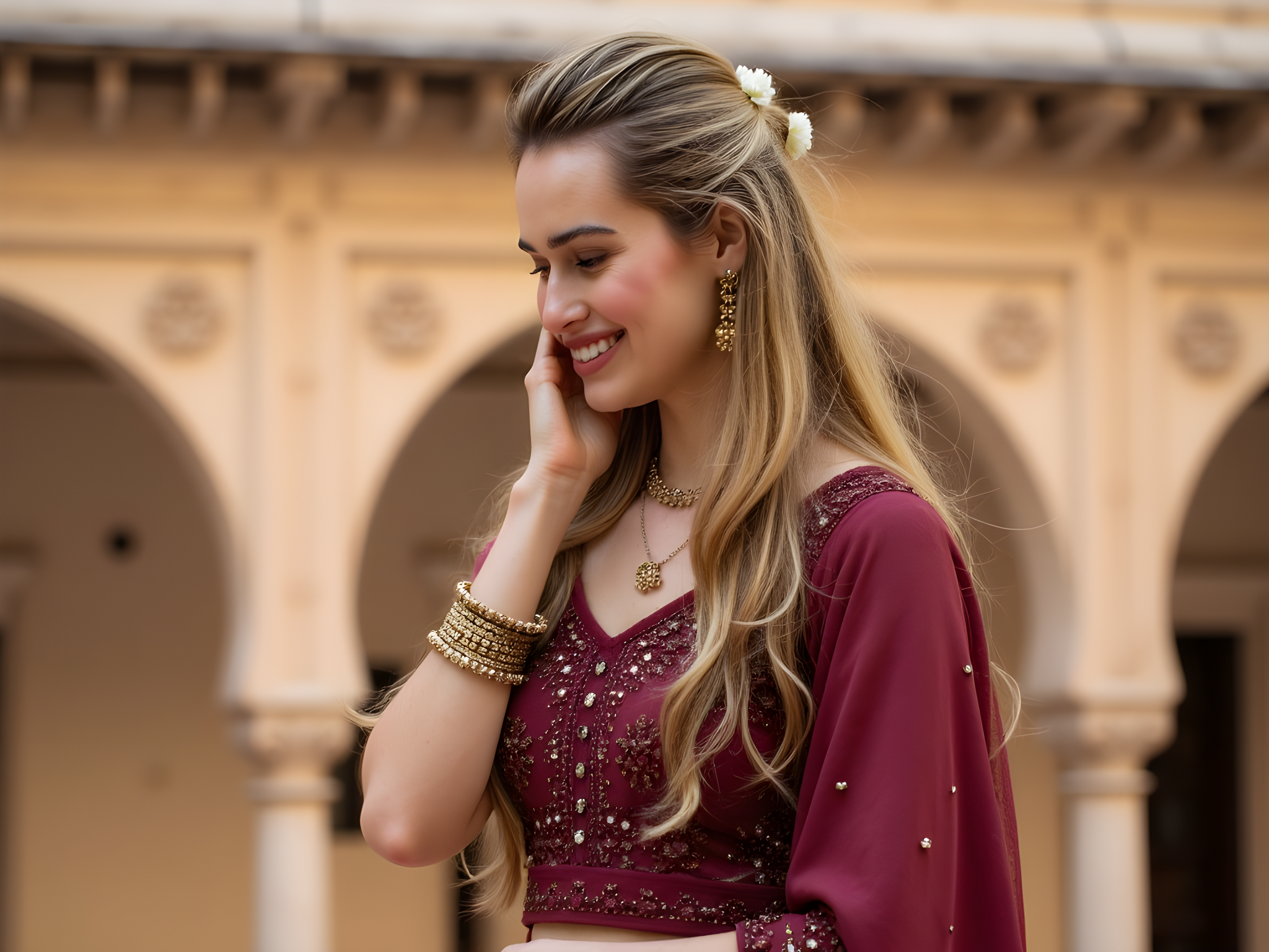 A striking portrait of a 28-year-old Indian woman, embodying the ethereal beauty of traditional Indian aesthetics merged with contemporary design. She is adorned in a luxurious lehenga choli crafted from hand-embroidered chiffon georgette in a rich burgundy, adorned with intricate gold motifs and delicate sequin work. The flared skirt cascades elegantly to the floor, its layers catching the light like fine silk. Her long, flowing hair is styled in soft, romantic waves, adorned with fresh jasmine flowers, framing her face with elegance. The setting is an opulent palace courtyard, illuminated by warm sunset light, casting soft shadows and enhancing the mood of the moment. Her pose is graceful, one hand delicately raised to her face, showcasing intricate gold jewelry, including jhumkas and a statement maang tikka that glistens in the glow. The composition captures both cultural richness and modern femininity, evoking a sense of regality and grace that evokes a narrative of timeless beauty.