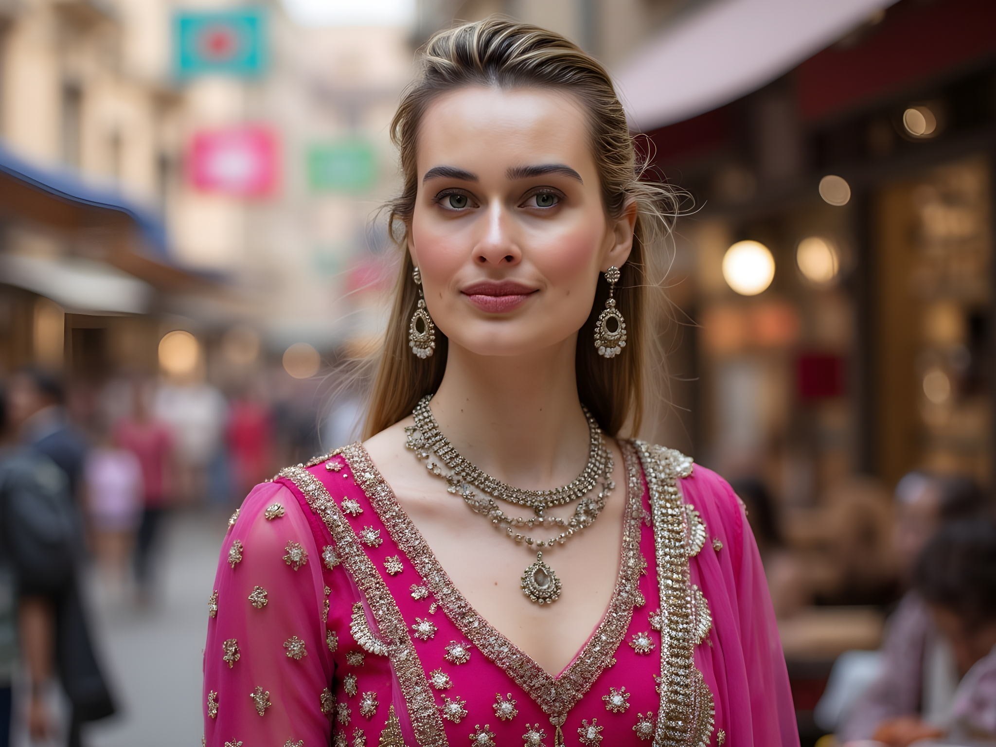 A captivating portrait of a 28-year-old woman embodying the vibrant essence of Delhi's urban culture. She stands amidst the bustling chaos of Chandni Chowk, draped in a richly embroidered anarkali suit in vibrant hues of fuchsia and gold, crafted from luxurious silk chiffon. The intricate zari work cascades down, entwined with delicate lace details. Her long hair flows freely, adorned with traditional jasmine flowers, exuding a sense of timeless beauty. The lighting is warm, accentuating the rich colors and textures of her attire, while the surrounding market—a blur of colors and lively energy—creates a dynamic backdrop, reflecting the spirit of modern and traditional Delhi. Her expression is one of confidence and grace, projecting the heart and soul of contemporary Indian femininity, poised yet rooted in her cultural heritage.